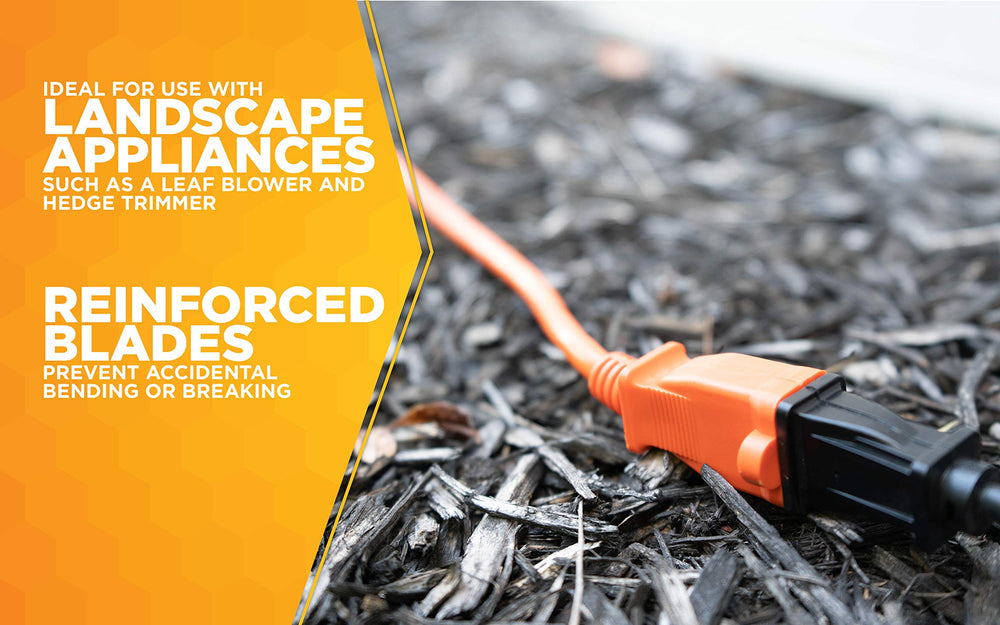 Woods cord plugged into outdoor outlet showing secure outdoor use benefit