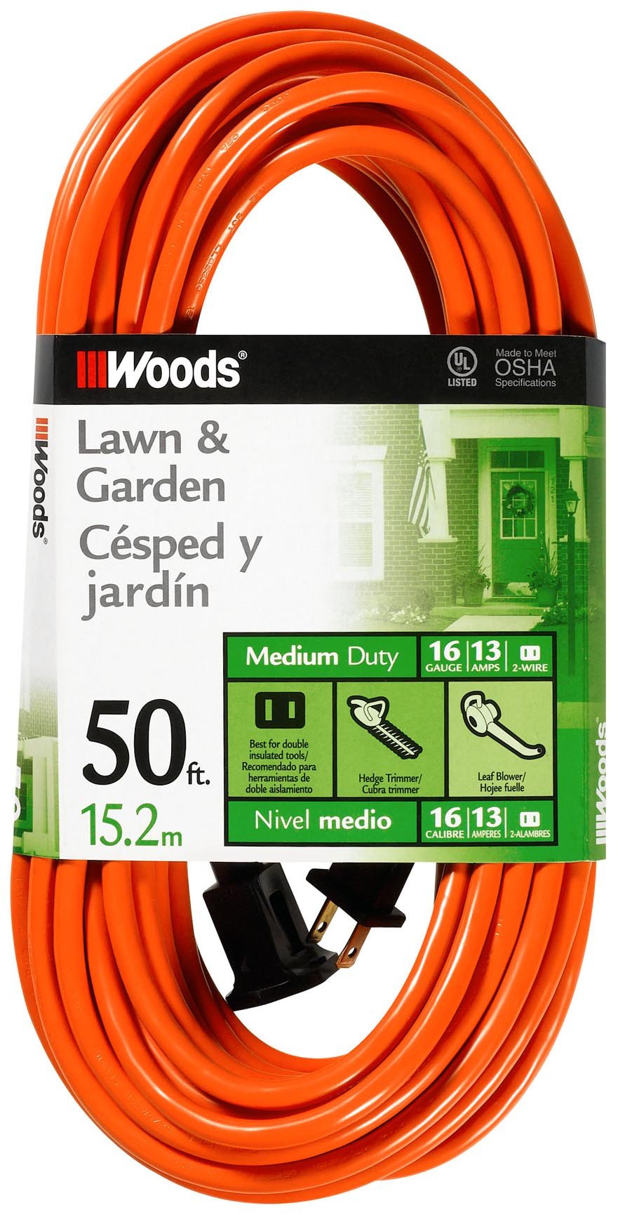 Woods front packaging showing 50ft cord and bright orange visibility benefit