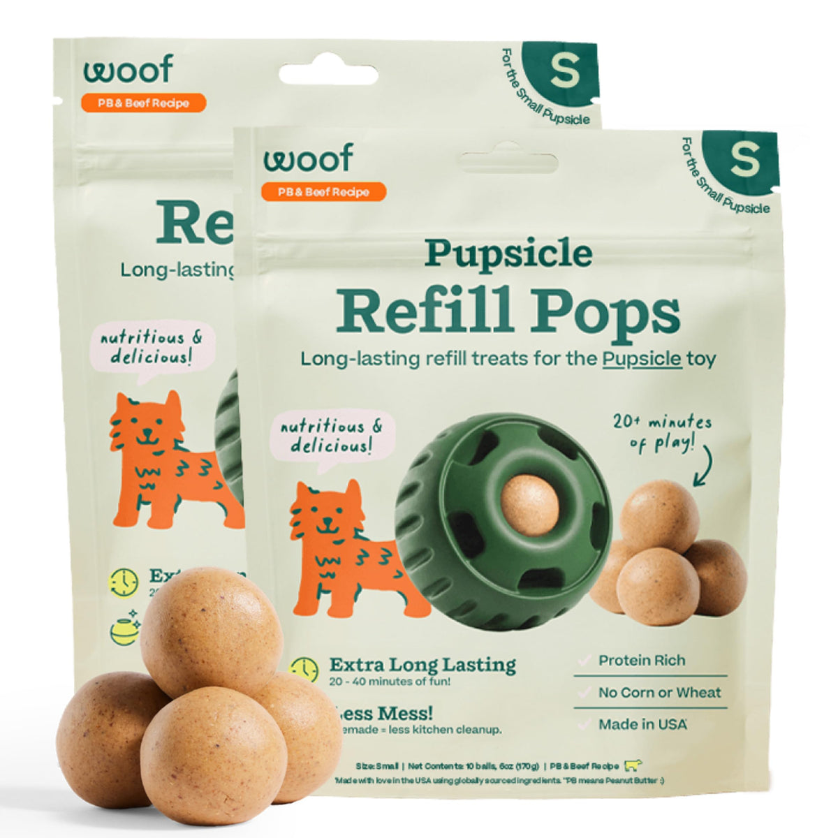 WOOF front packaging showing two Peanut Butter & Beef refill pops and benefits