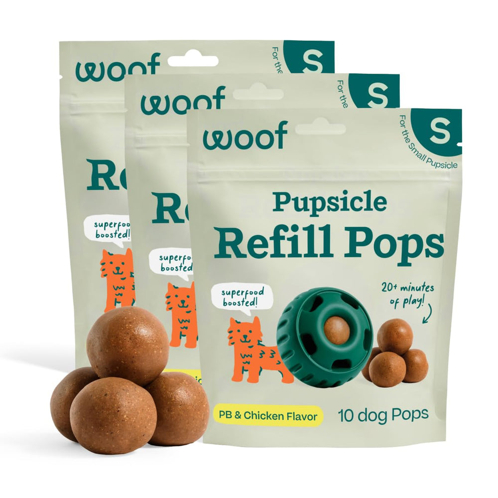 WOOF front packaging showing refill pops and count, clear benefit ready-to-go