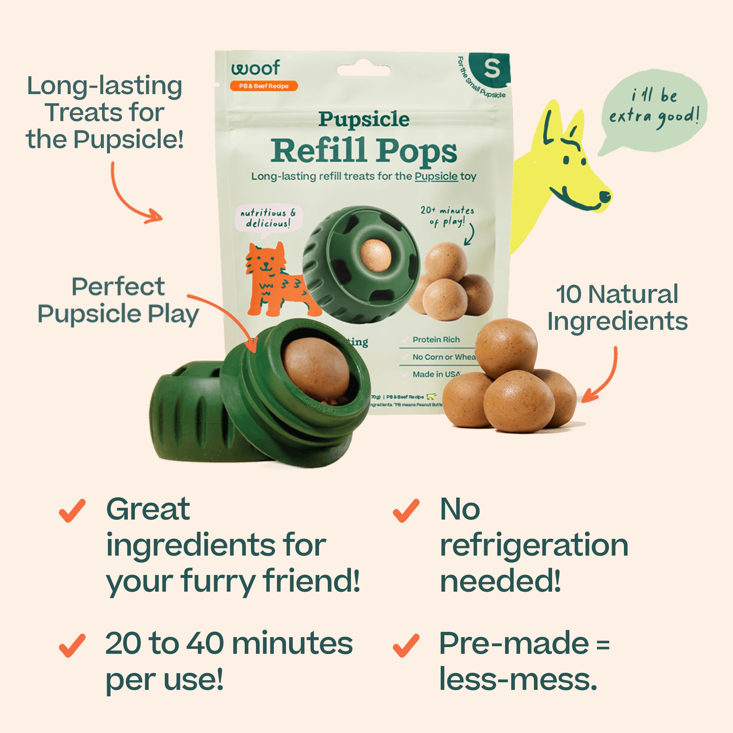 WOOF Pupsicle refill pop loaded into toy showing easy, no-mess insertion