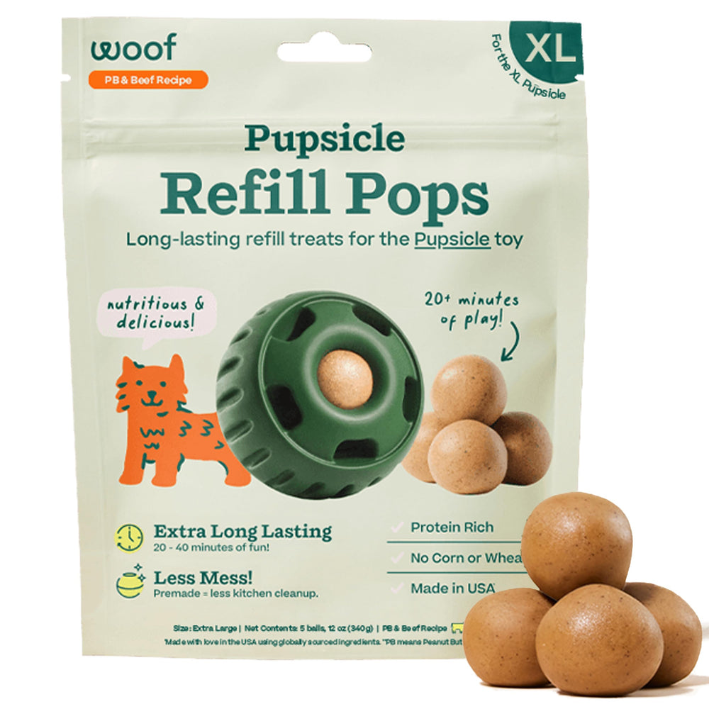 WOOF front packaging showing XL Pupsicle refill pops and 5-count convenience