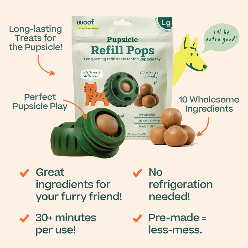WOOF Pop inserted into Pupsicle toy demonstrating mess-free, extended play