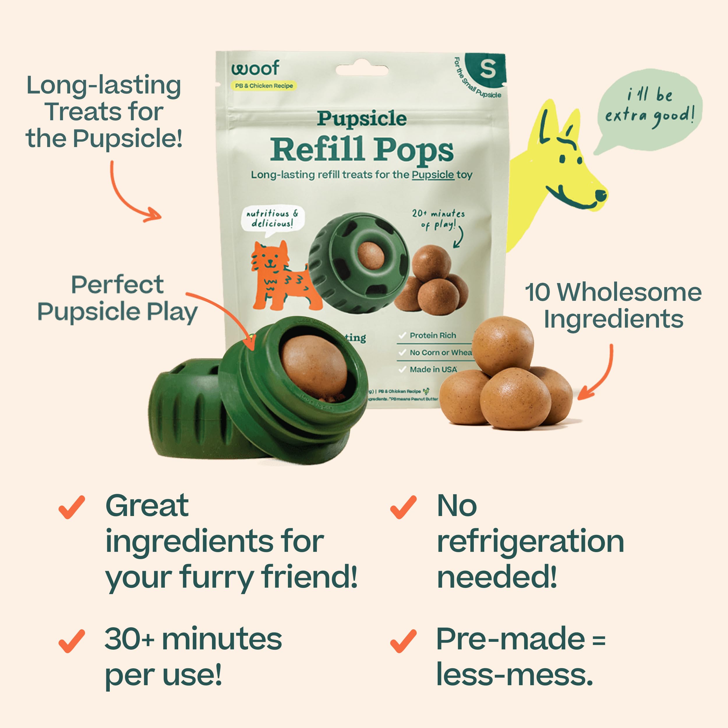 WOOF refill inserts grouped beside Pupsicle toy showing convenient portability