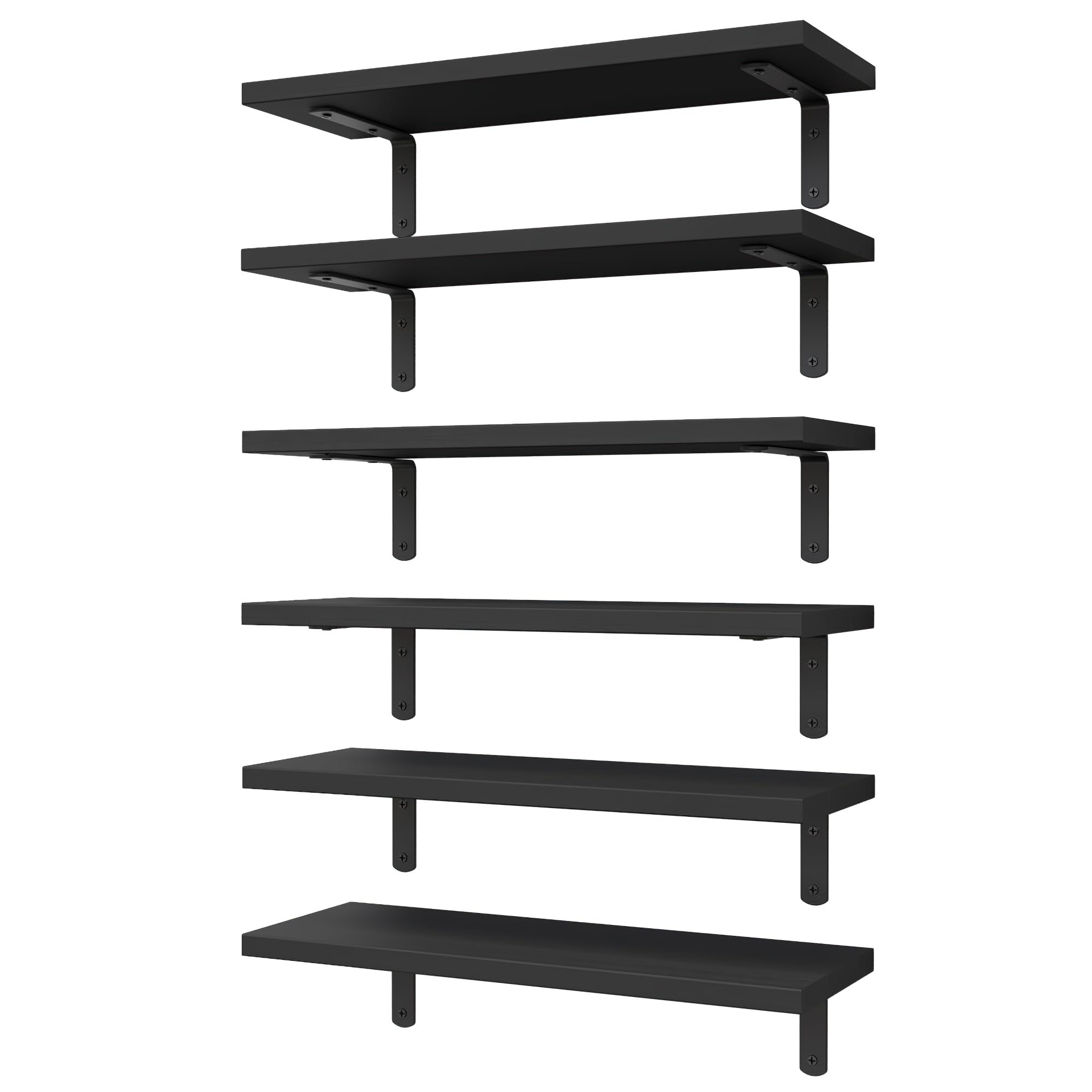 WOPITUES front view of six black floating shelves showing neat storage benefit