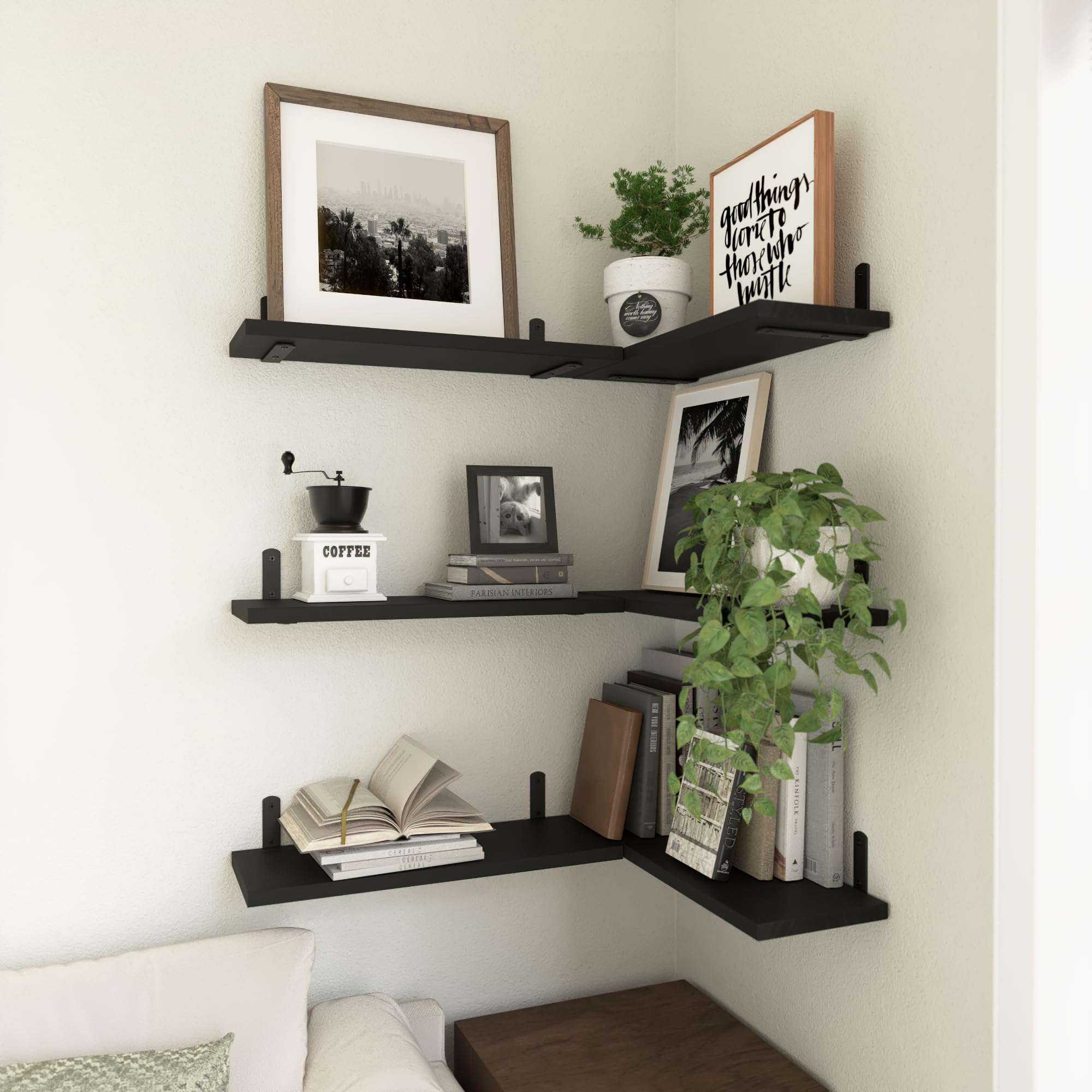 WOPITUES wall-mounted shelves in bathroom showing organized toiletries advantage
