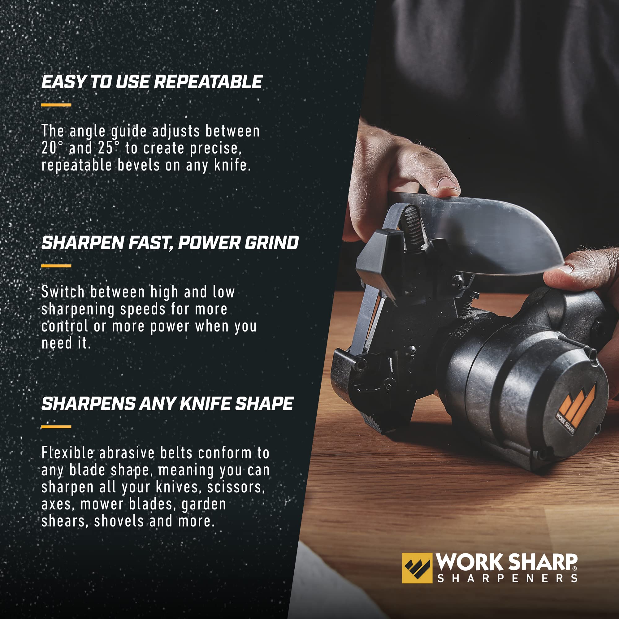 WORK SHARP MK2 angle guide detail showing 20° and 25° settings for repeatable bevels