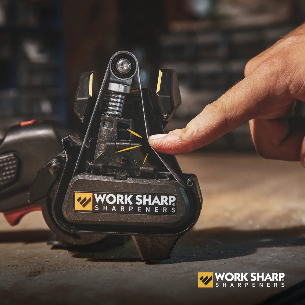 WORK SHARP MK2 next to ruler scale showing compact size for easy bench or garage storage