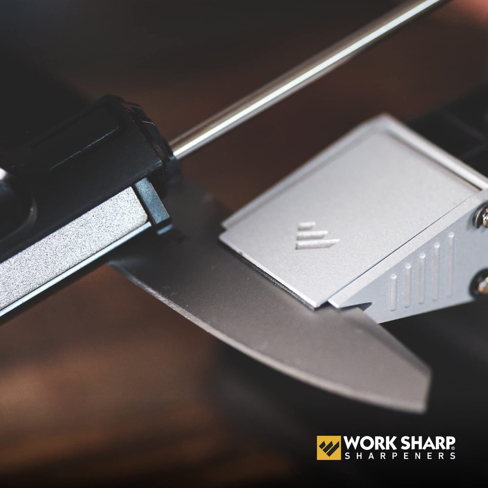 WORK SHARP sharpener next to common knife for scale to show compact workshop footprint