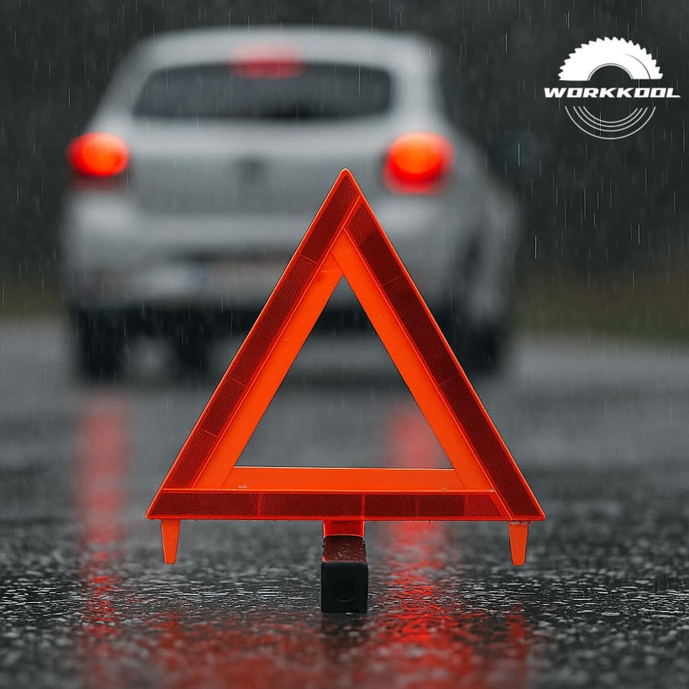 WORKKOOL triangles placed along a highway shoulder to warn approaching vehicles