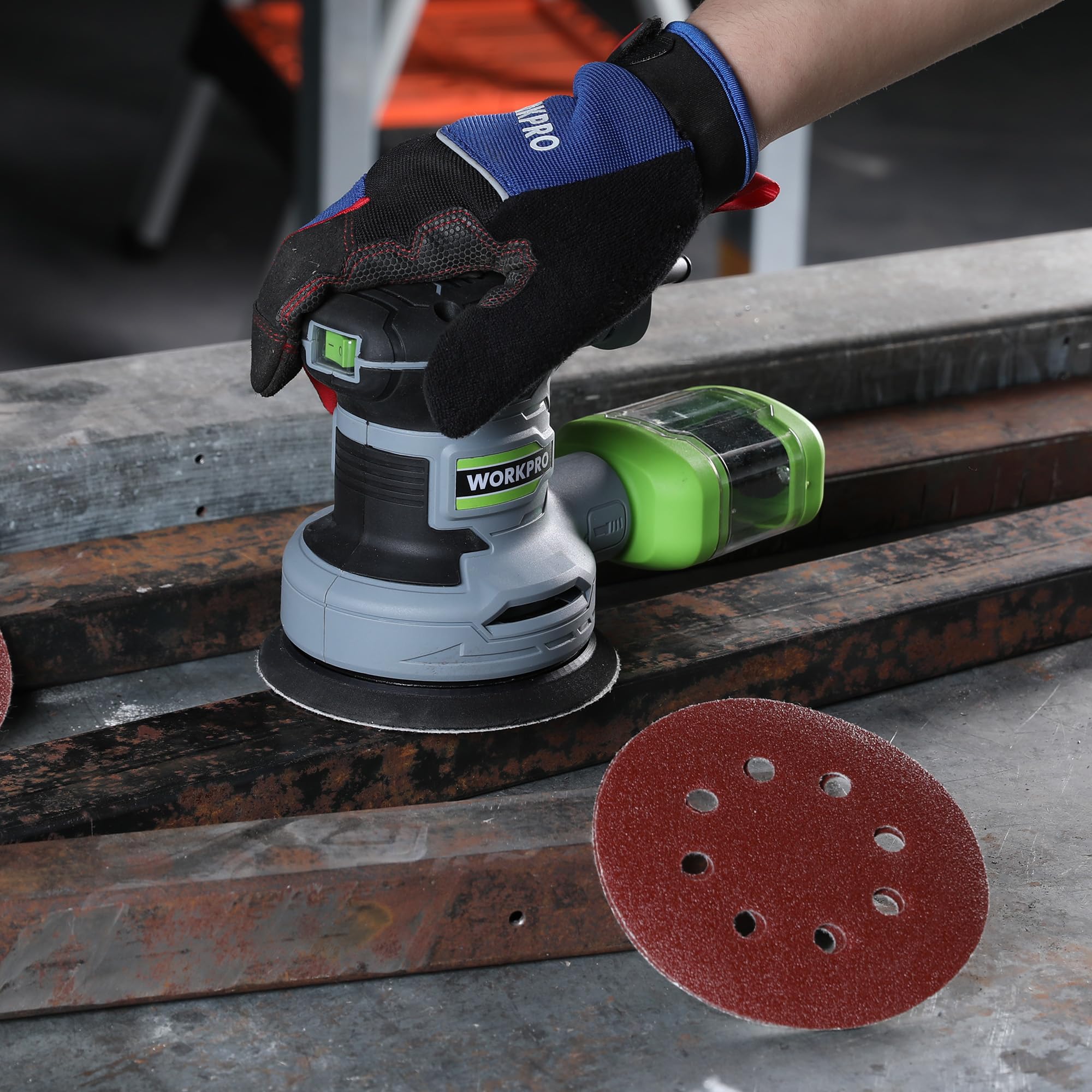 WORKPRO sanding setup on workbench showing ready-to-use assortment benefit