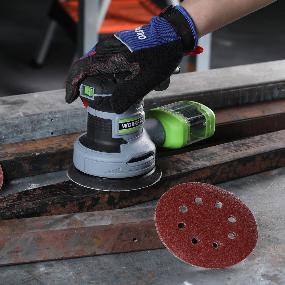 WORKPRO sanding setup on workbench showing ready-to-use assortment benefit