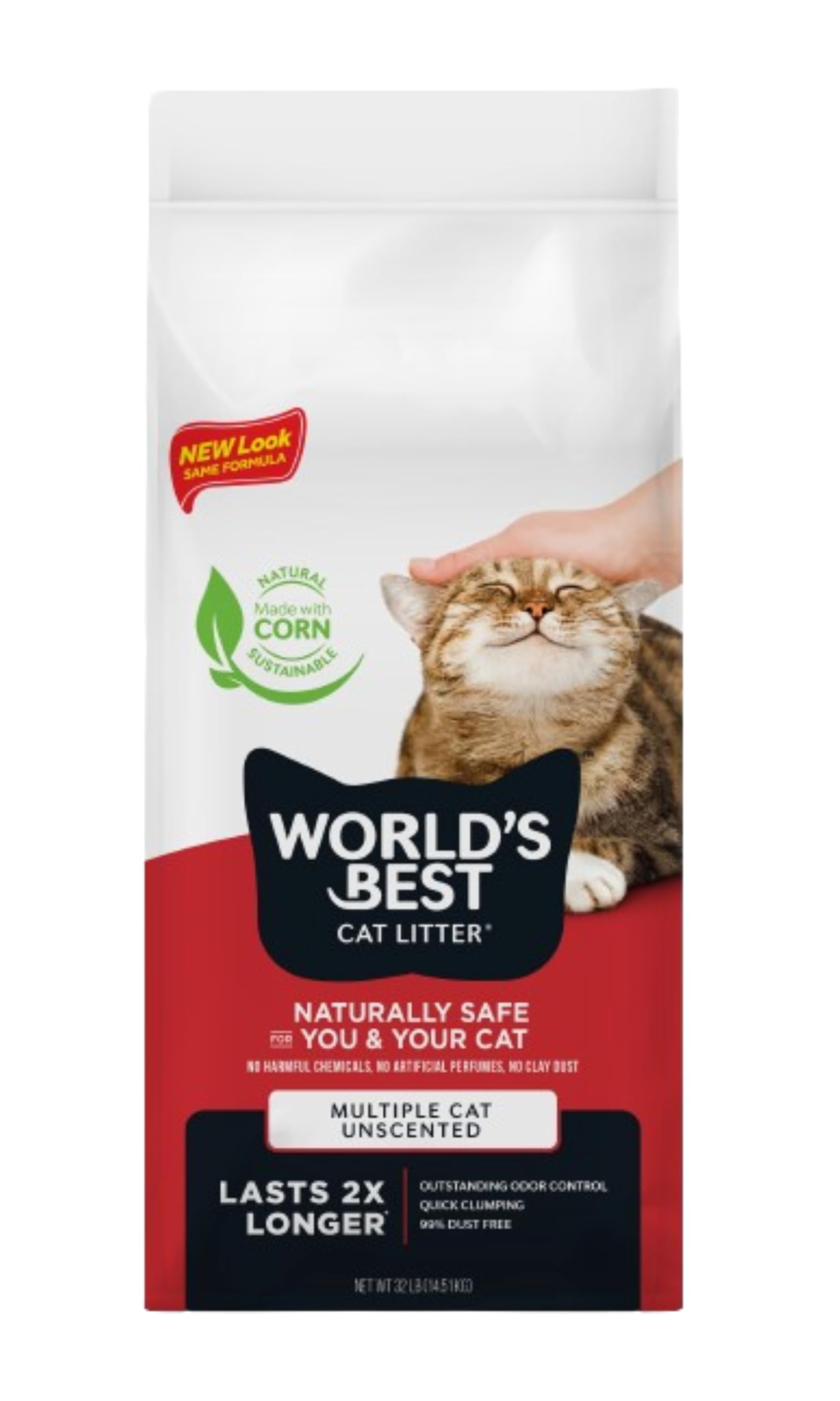 World's Best Cat Litter 32 lb bag front showing branding and unscented formula for odor control