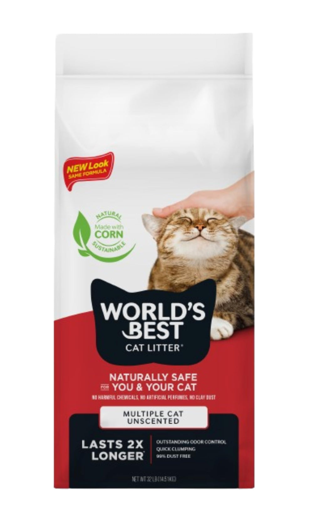 World's Best Cat Litter 32 lb bag front showing branding and unscented formula for odor control