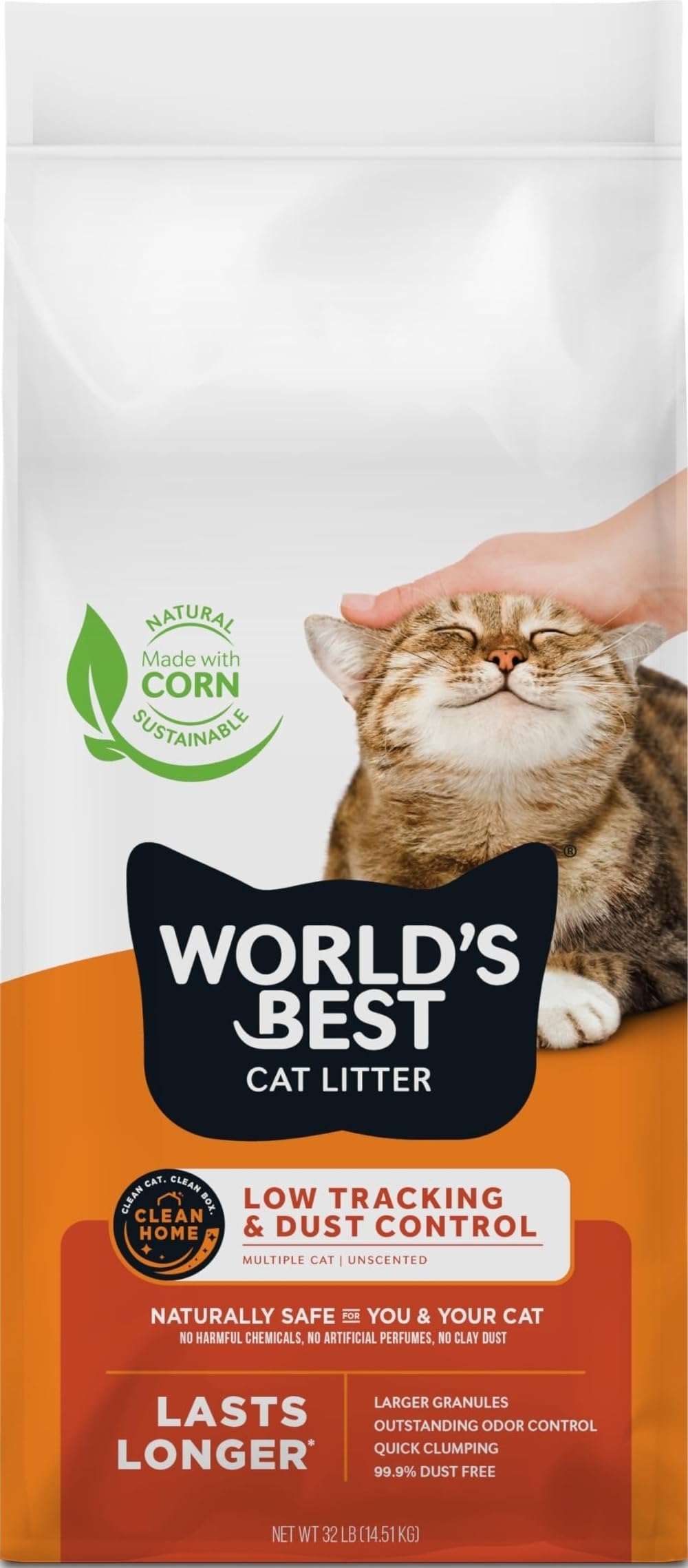 World's Best Cat Litter front pack showing 32 lb bag and benefits