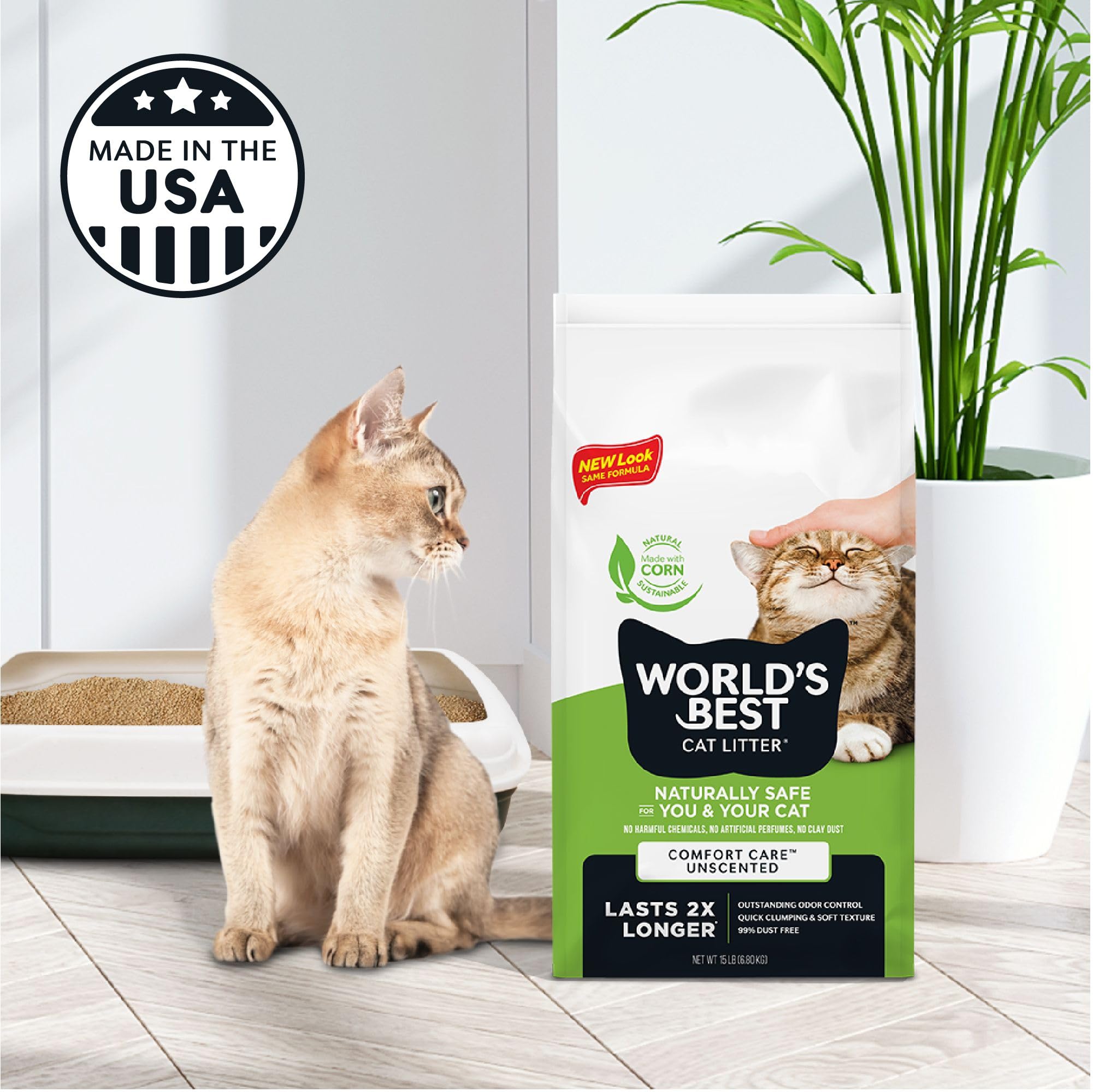 World's Best Cat Litter bag label close-up showing natural ingredient benefits