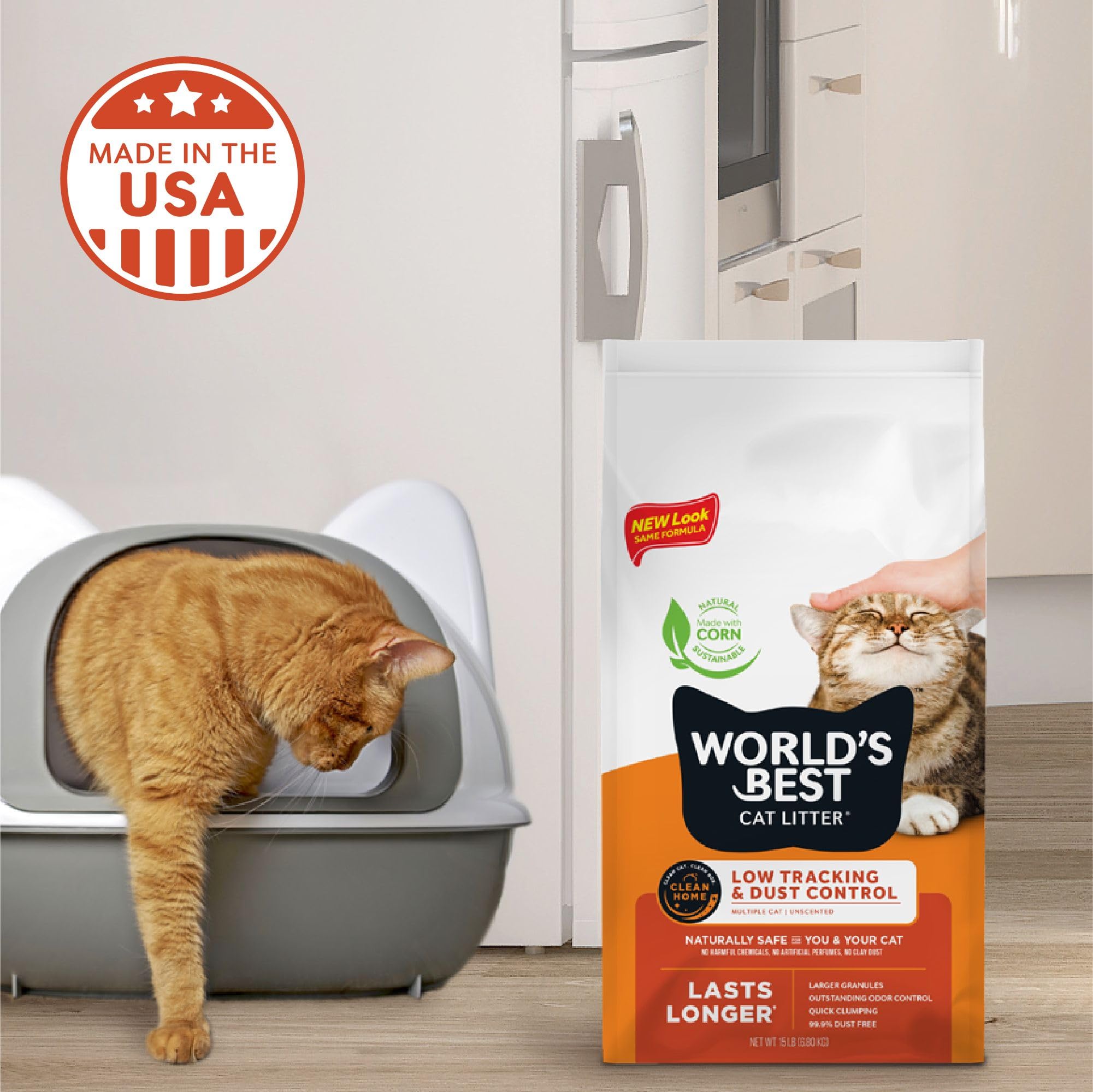 World's Best Cat Litter 32 lb bag next to common objects for size comparison