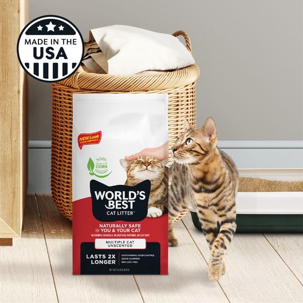 World's Best Cat Litter in litter box on kitchen floor showing low tracking benefit for tidy homes