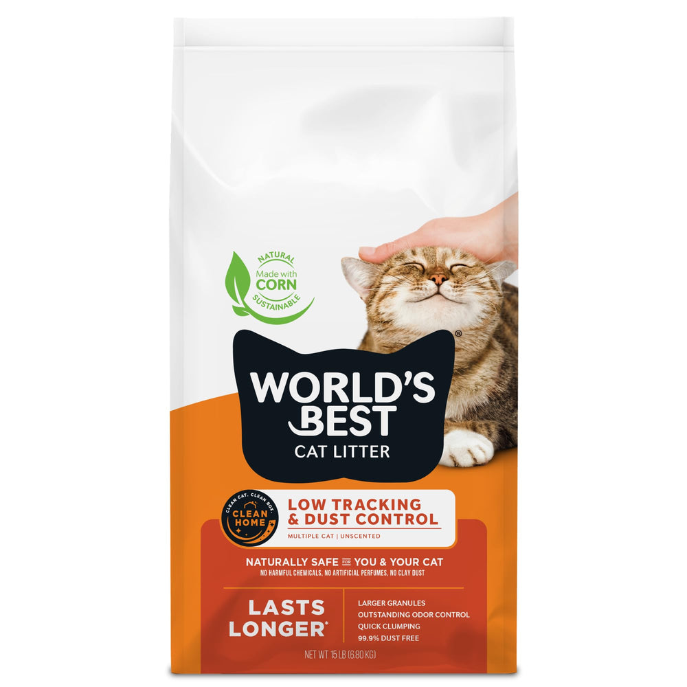 World's Best Cat Litter front packaging showing 15 lb bag and unscented benefit