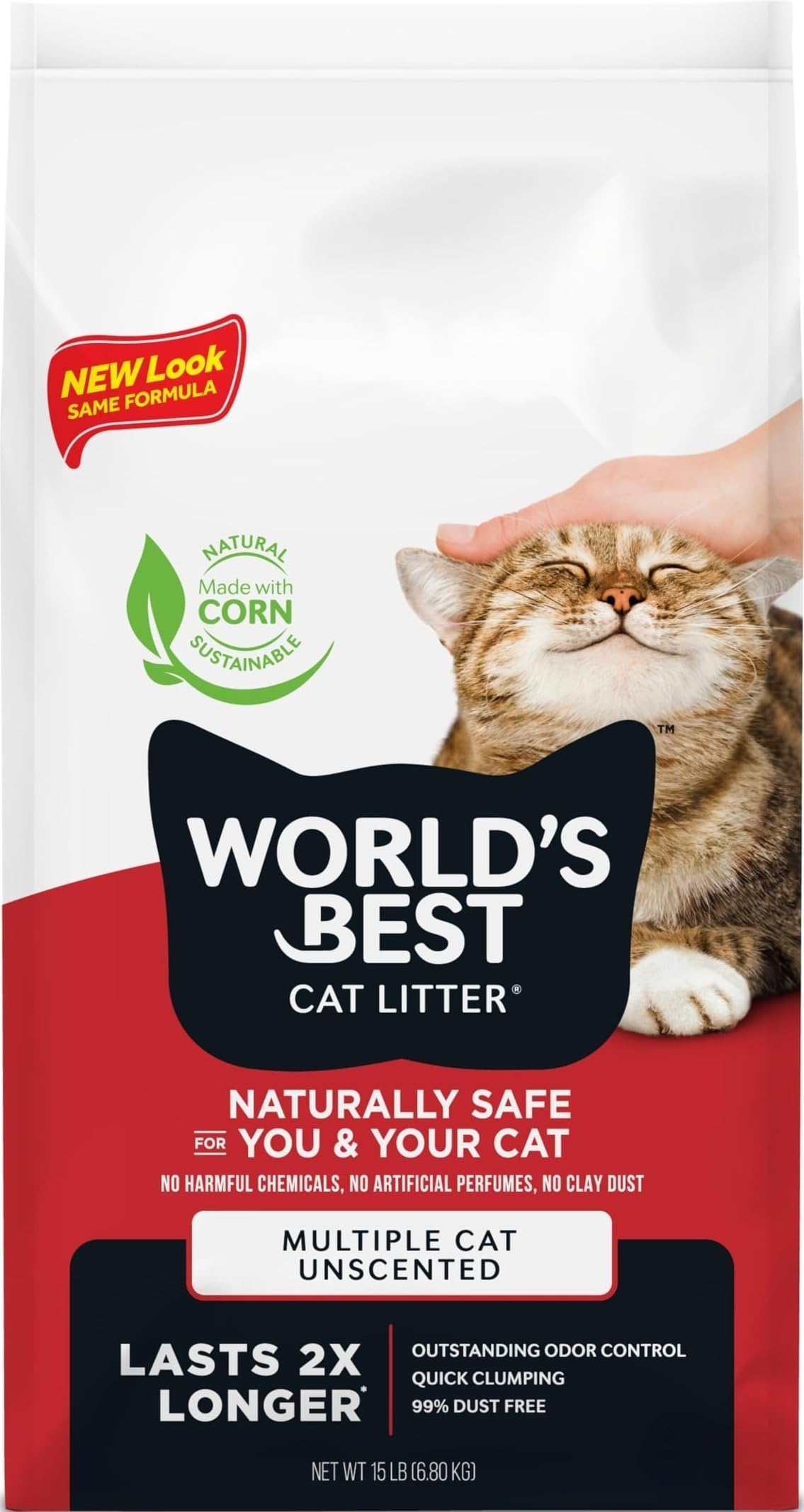 World's Best Cat Litter front packaging showing unscented multiple-cat 15 lb benefits