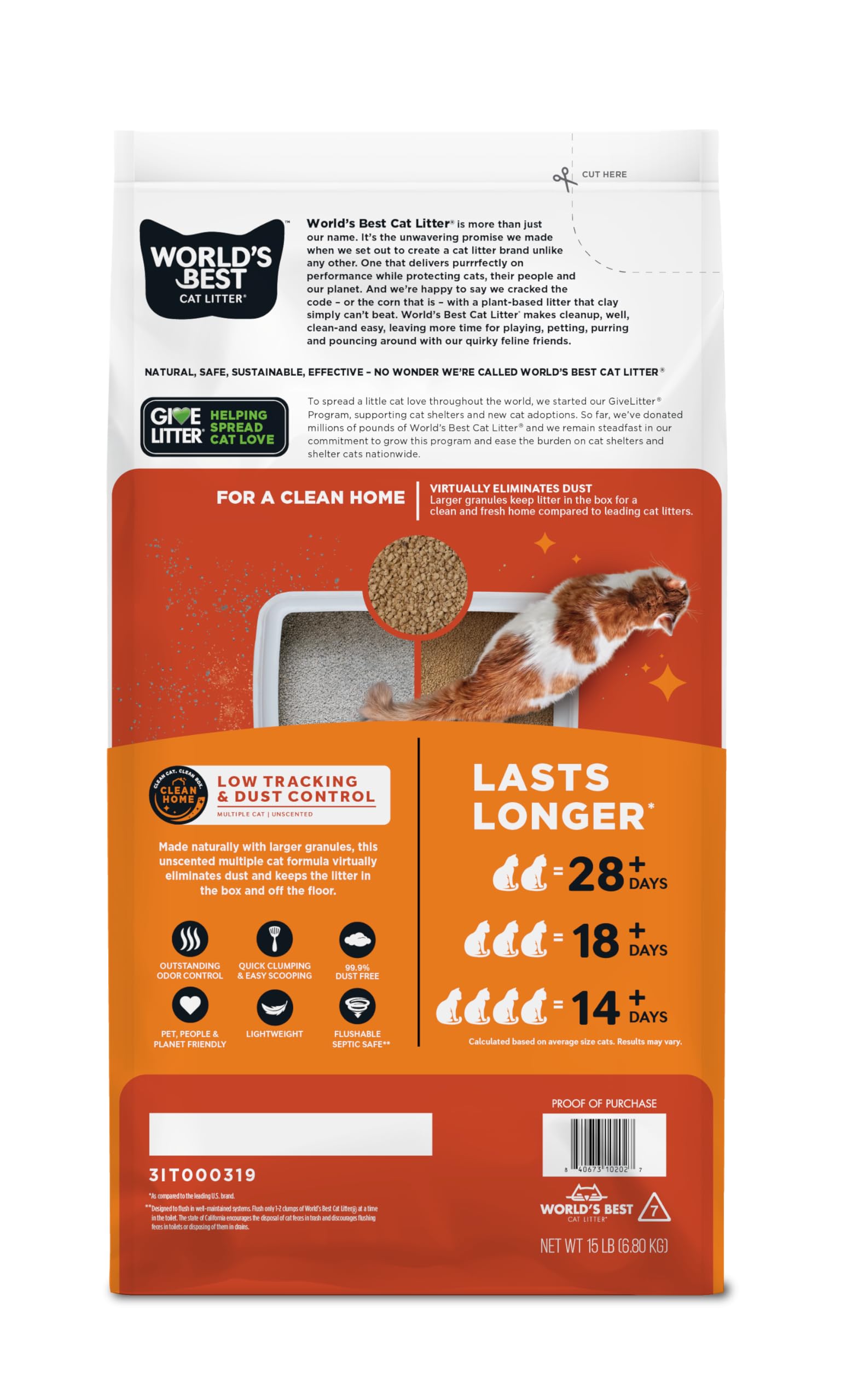 World's Best Cat Litter granule close-up highlighting larger particles and low dust