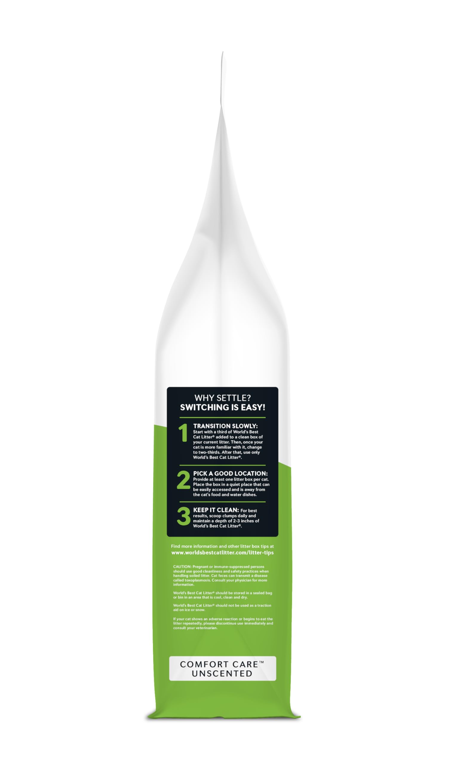 World's Best Cat Litter in kitchen showing less trash and easier disposal benefit