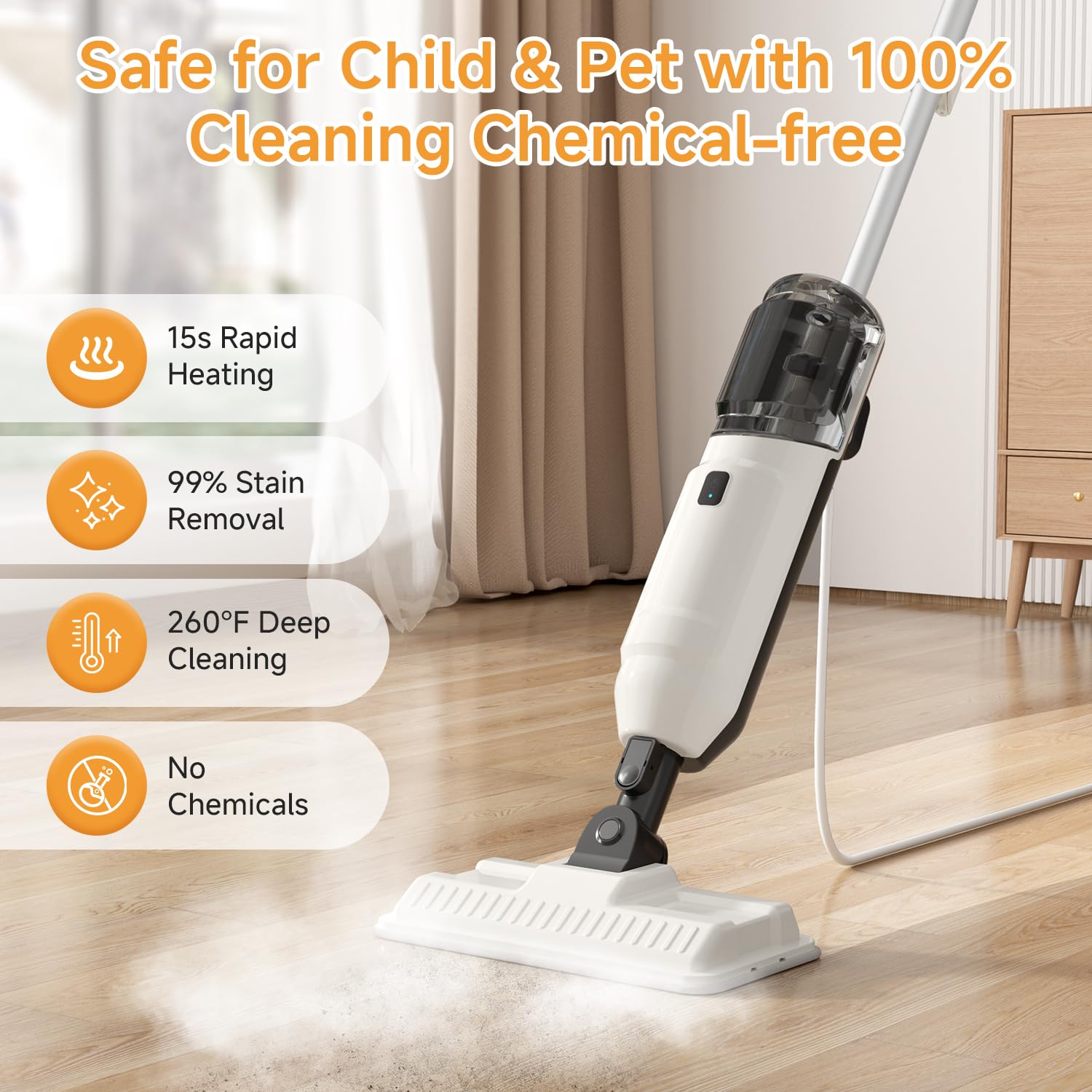 Wotaste steam mop rotating head detail demonstrating 135-degree maneuverability benefit