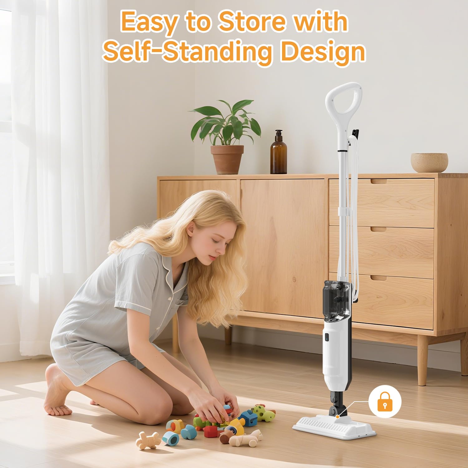 Wotaste steam mop self-standing with cord wrap for compact tidy storage