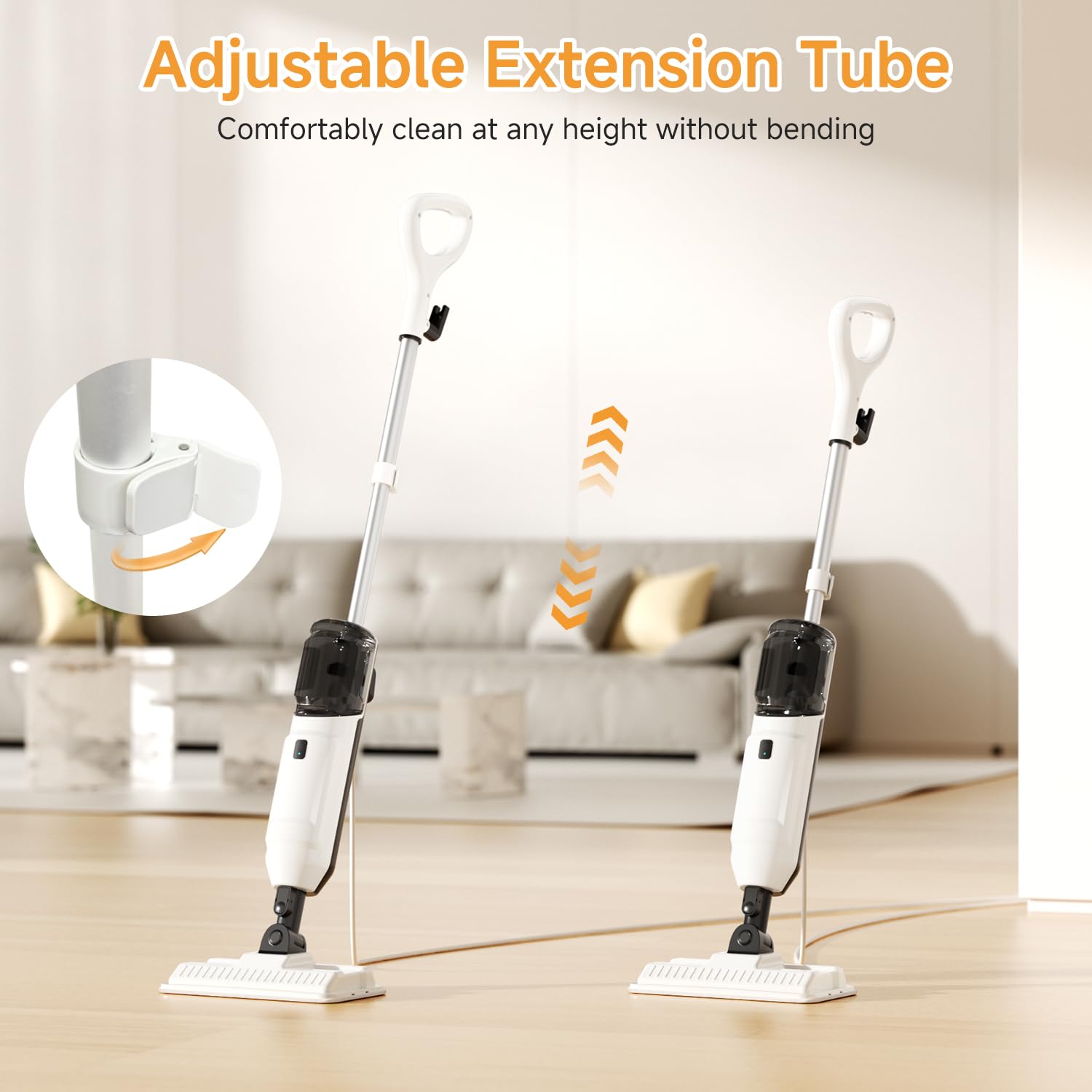 Wotaste steam mop reaching under sofa showing low-profile access benefit