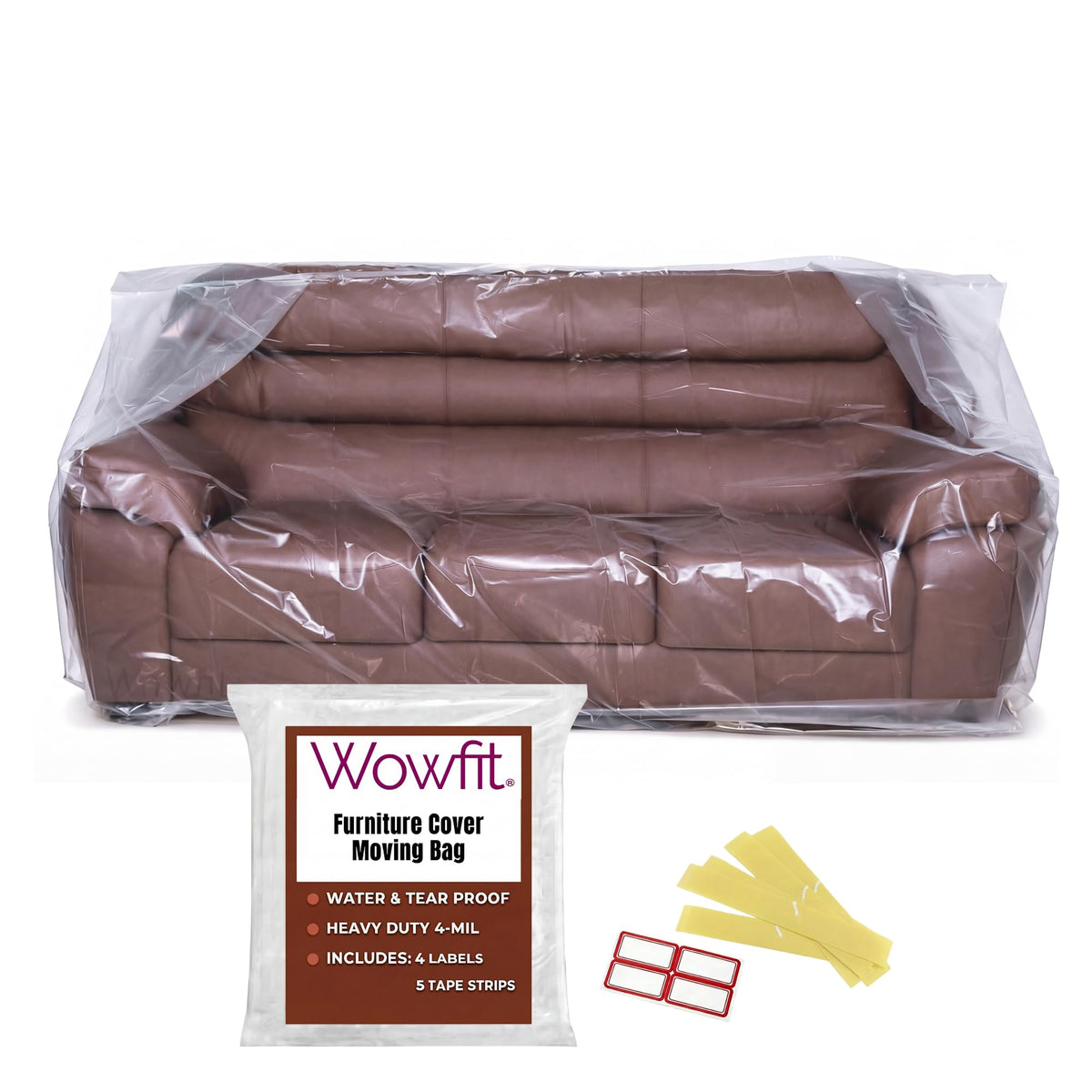 Wowfit front packaging showing clear couch cover and organized storage benefit