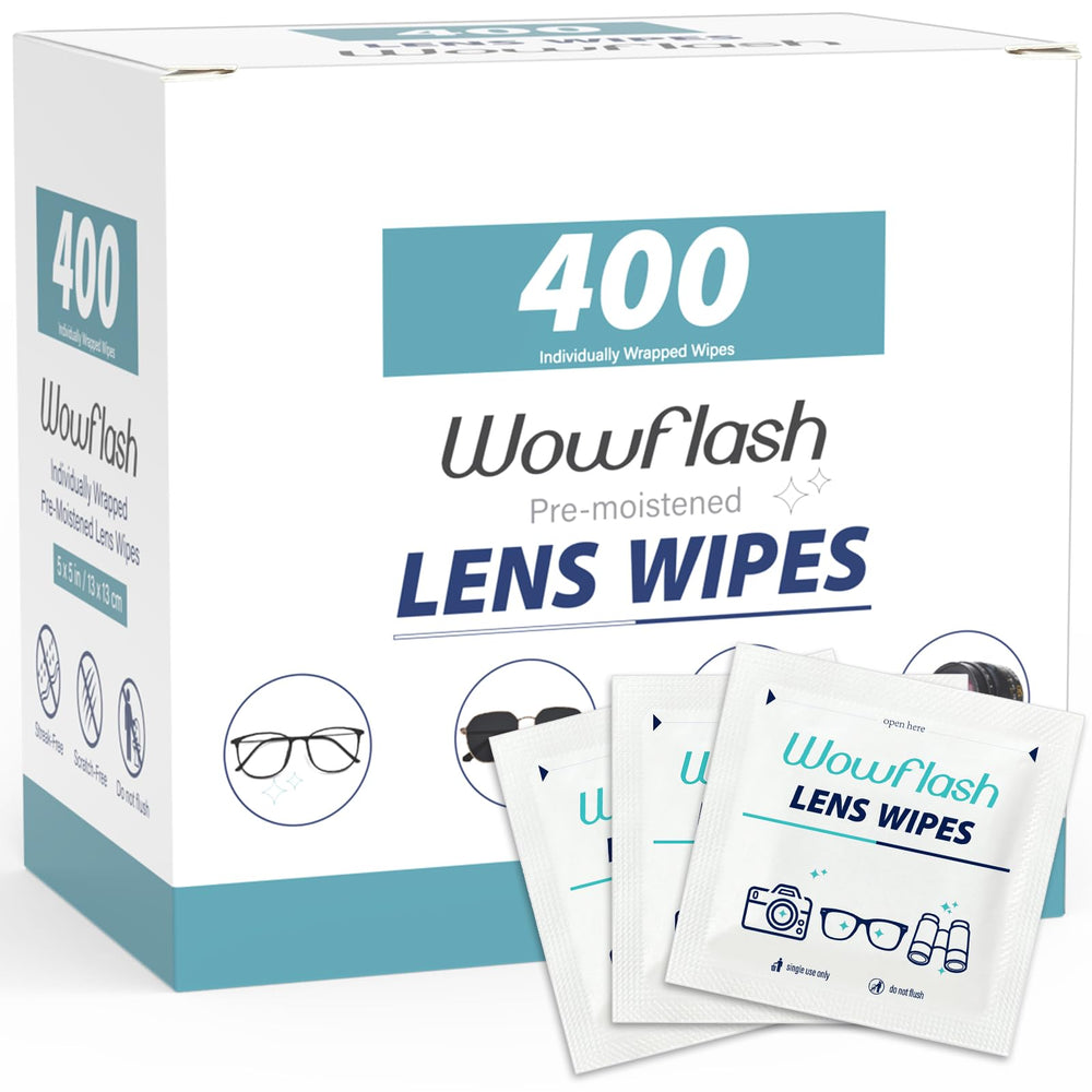 Wowflash front packaging showing 400-count lens wipes and brand for ready supply
