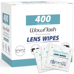 Wowflash front packaging showing 400-count lens wipes and brand for ready supply