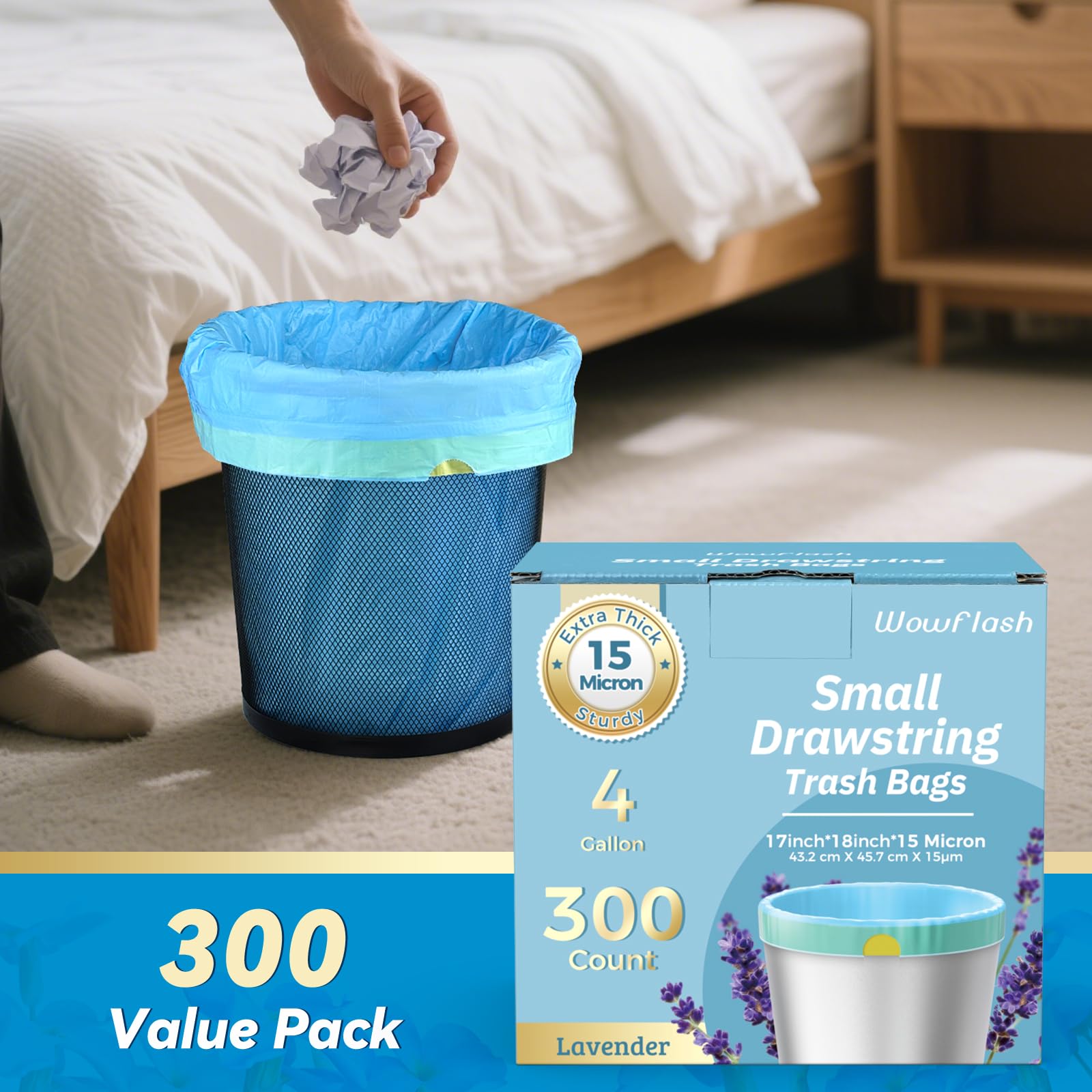 Wowflash bag next to measuring cup showing 4-gallon capacity scale
