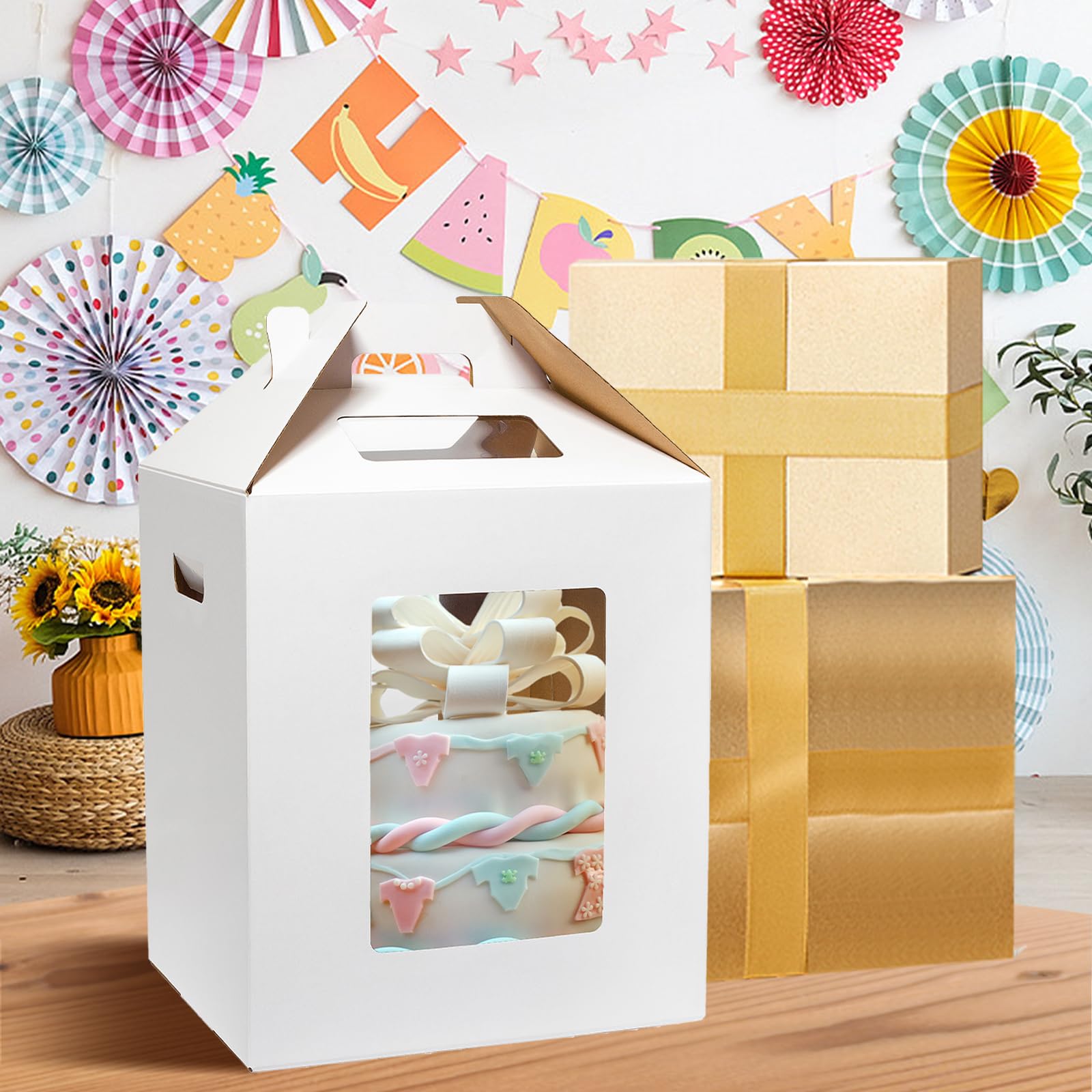Wowxyz assembled box with 12-inch tier cake inside demonstrating fit and secure display