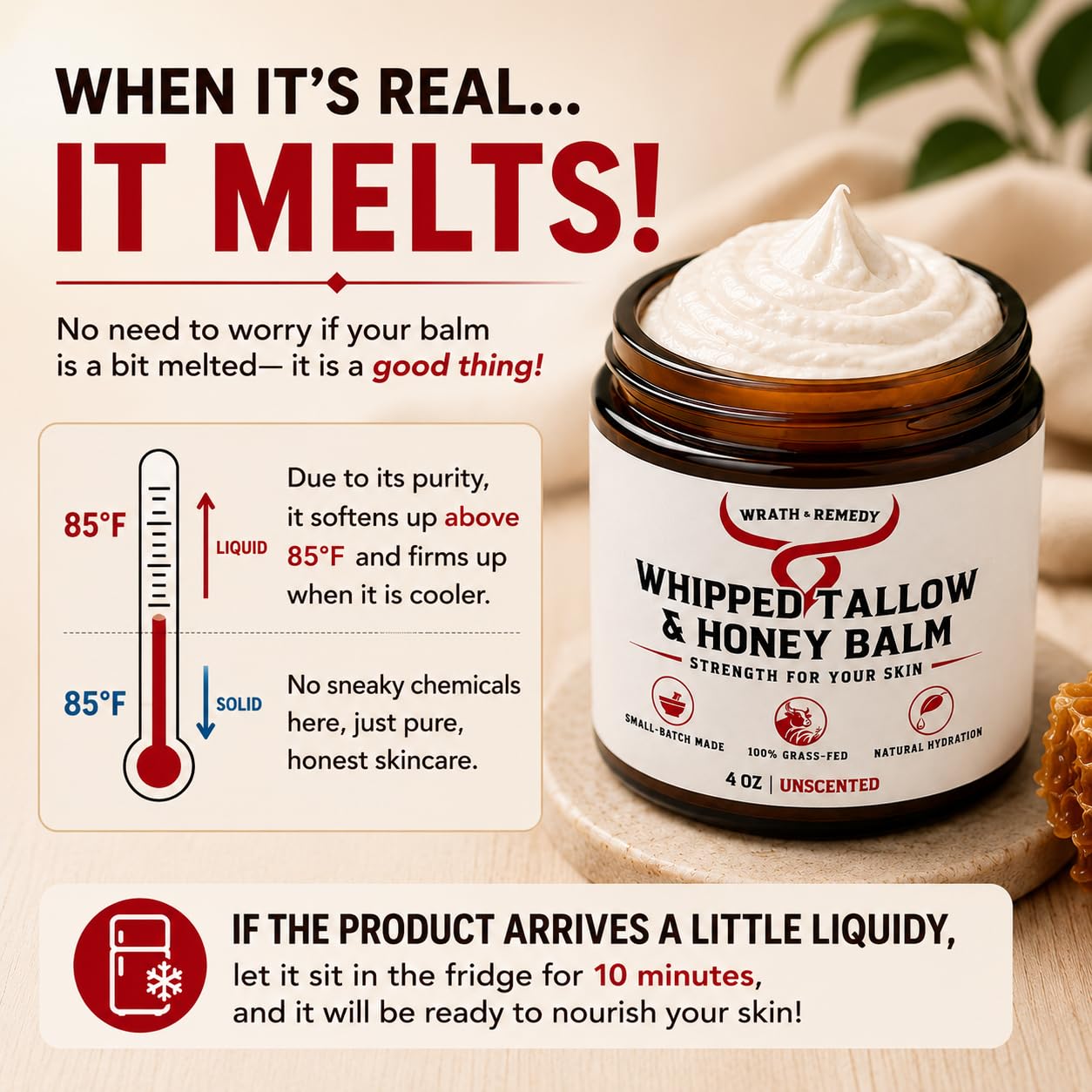 Wrath & Remedy ingredient display with Manuka honey, olive and jojoba benefits