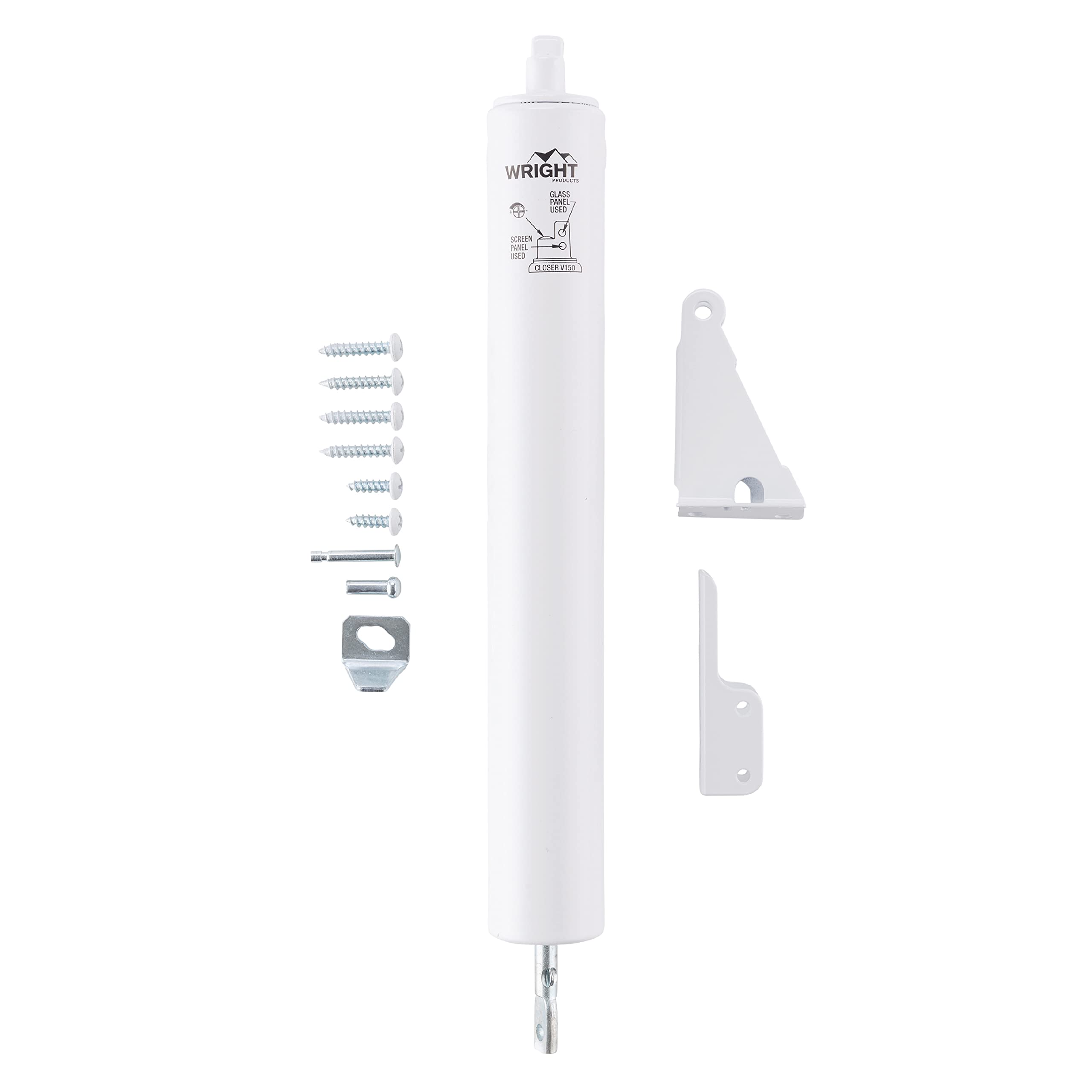 Wright Products front-mounted closer on white storm door showing clean finish and durability
