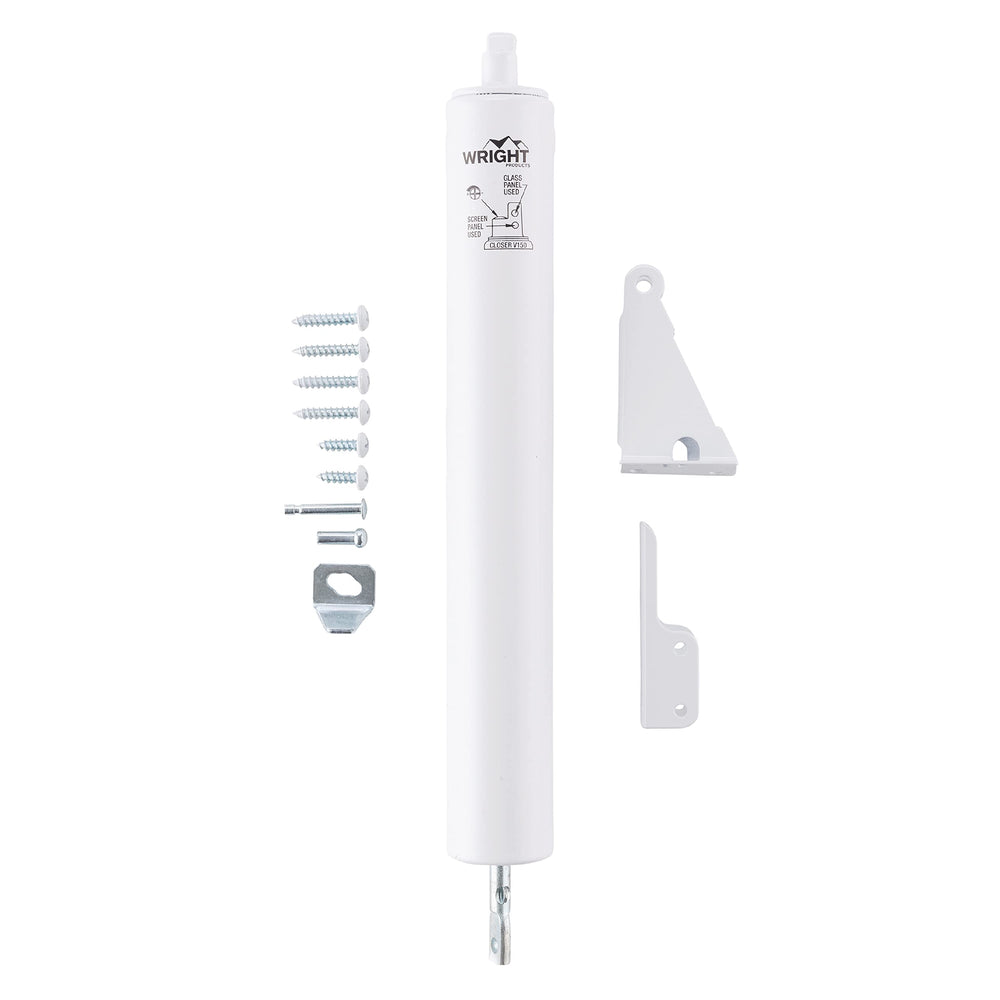 Wright Products front-mounted closer on white storm door showing clean finish and durability