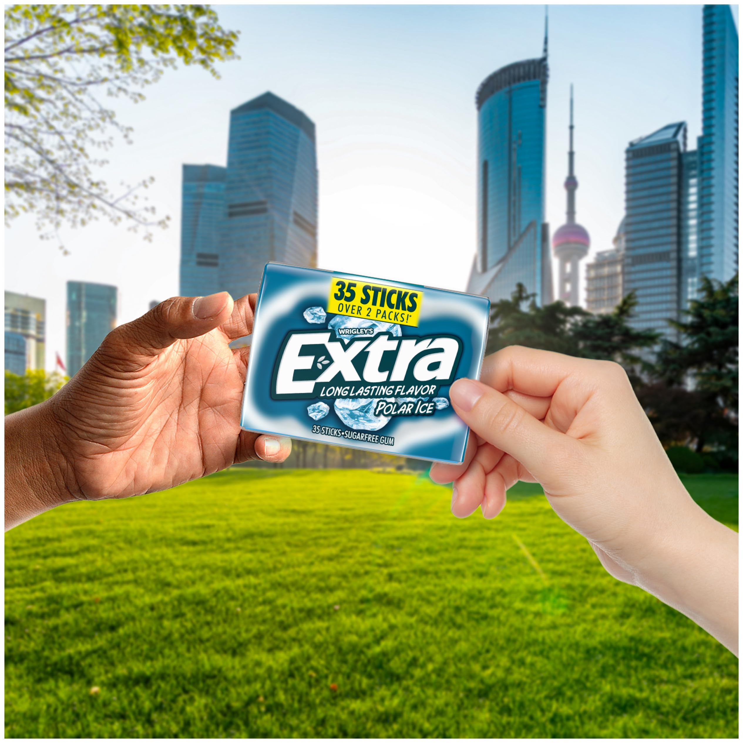 WRIGLEY'S EXTRA pack held in hand to show size and portability for on-the-go freshness