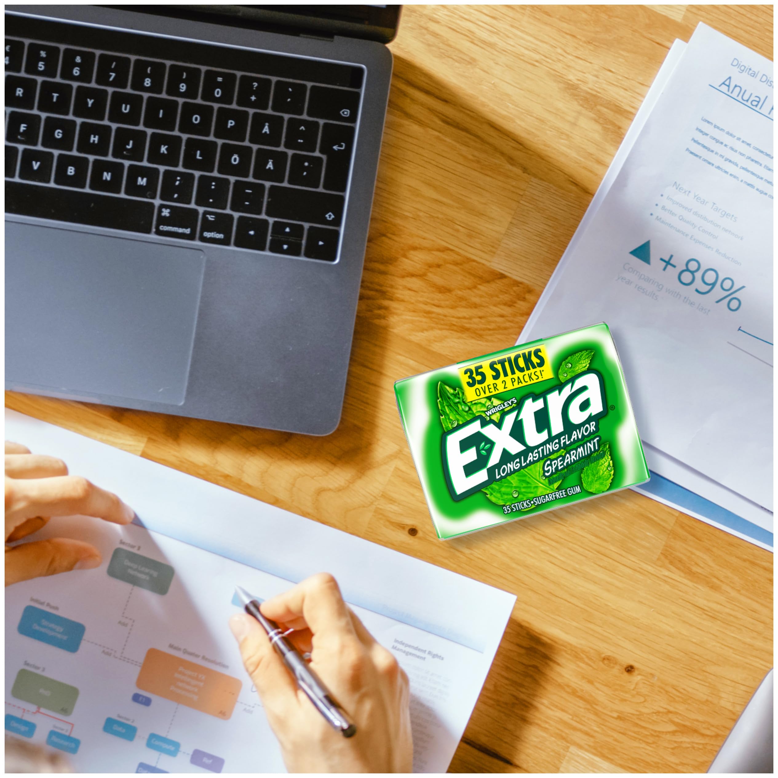 WRIGLEY'S EXTRA pack on desk beside laptop to boost focus and freshness