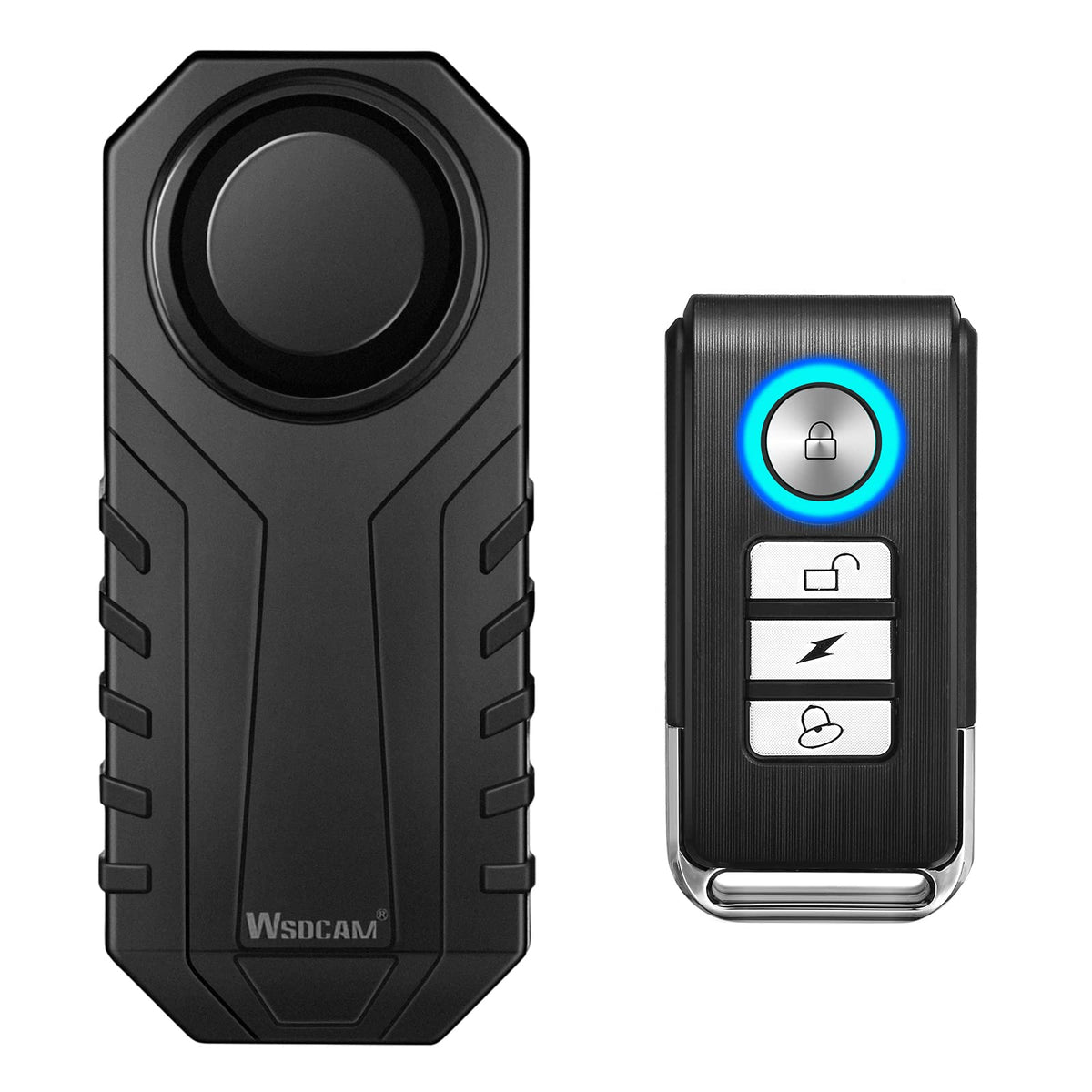 wsdcam front view of compact alarm showing controls and loudspeaker, improves bike security