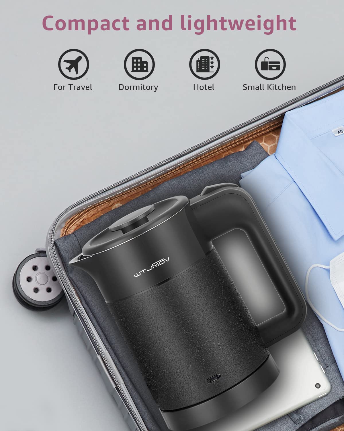 WTJMOV packed in a suitcase illustrating lightweight portability for travel