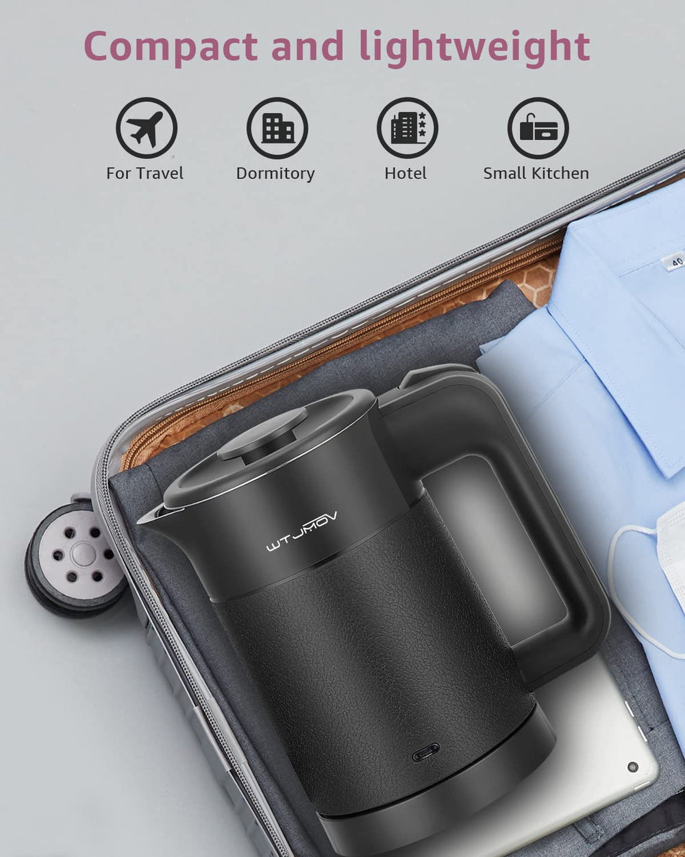 WTJMOV packed in a suitcase illustrating lightweight portability for travel