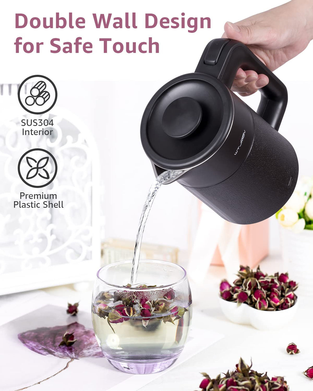 WTJMOV on a small desk next to laptop showing ideal compact kitchen or office use