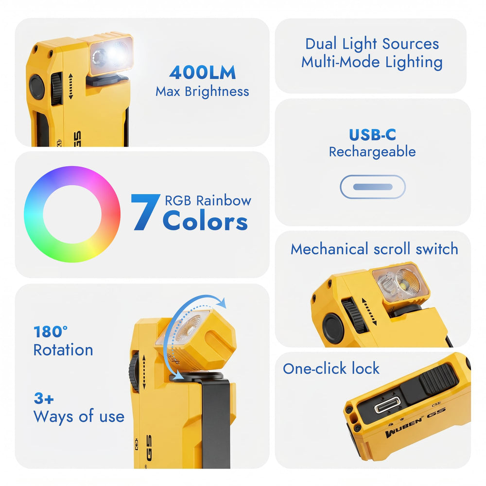 WUBEN G5 magnetic base attached to toolbox providing secure hands-free work lighting