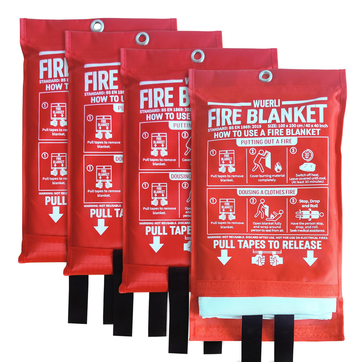 WUERLI front package showing four fire blankets for quick grab benefit