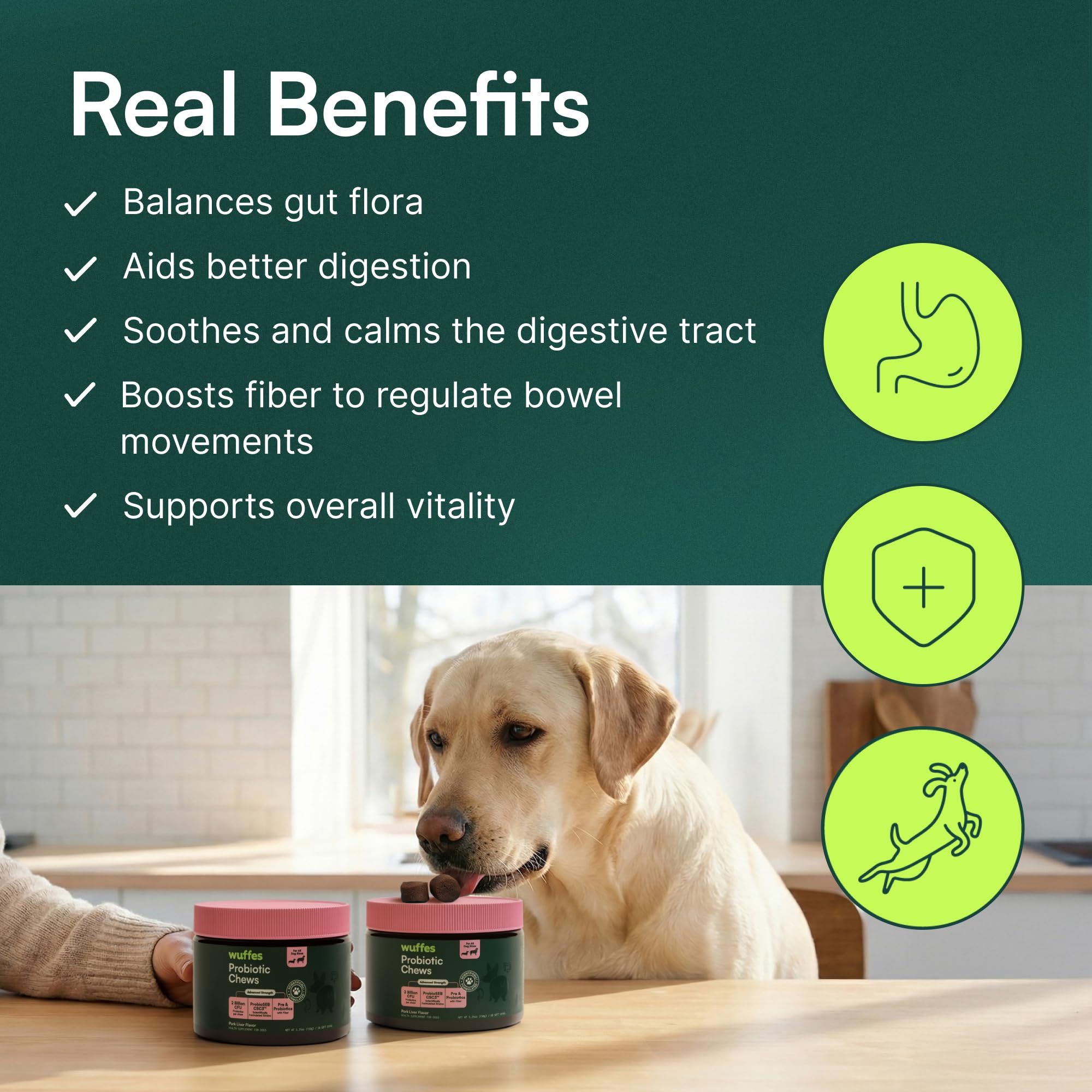 Dog accepting Wuffes chew demonstrating easy daily administration