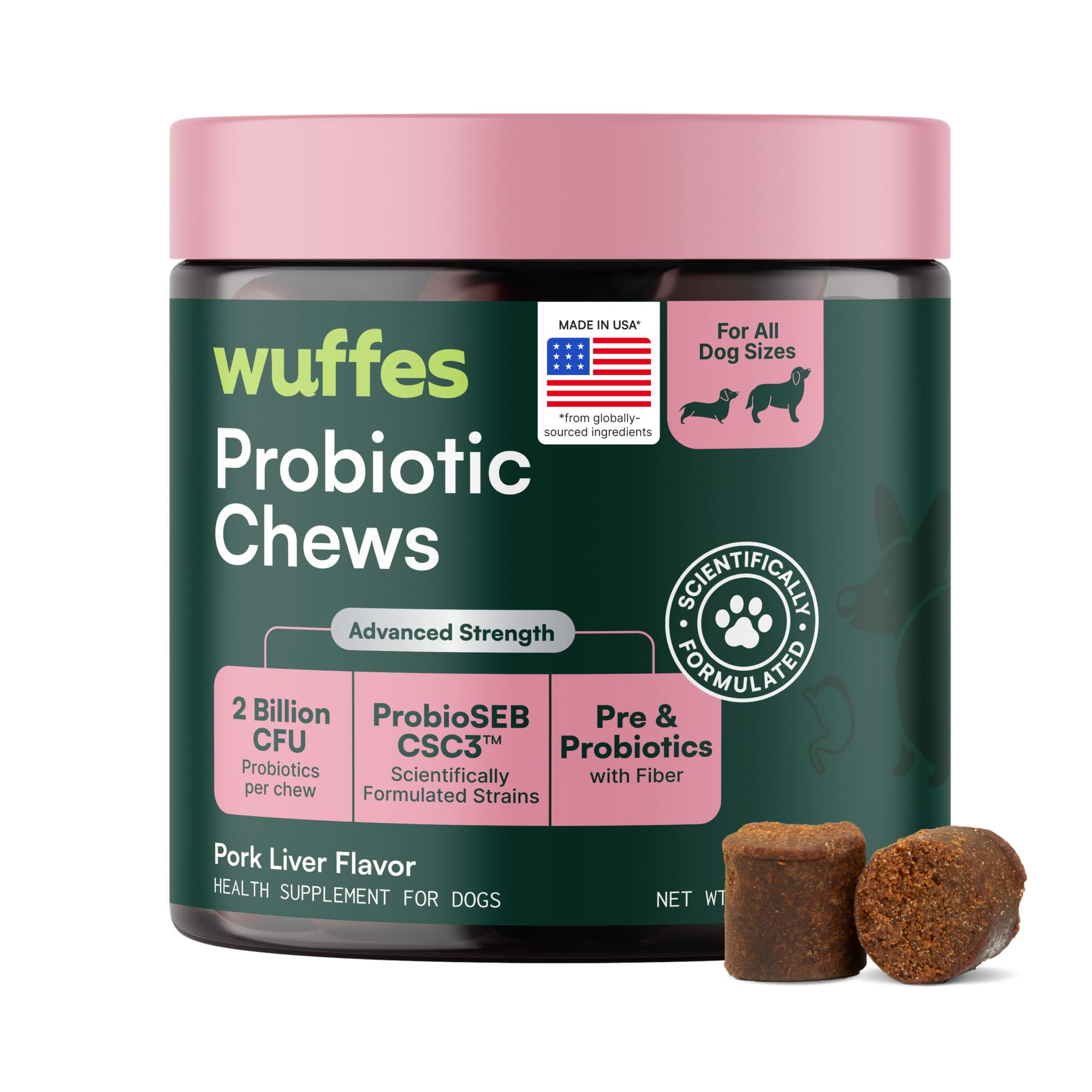 Wuffes front packaging showing product benefits and easy dosing
