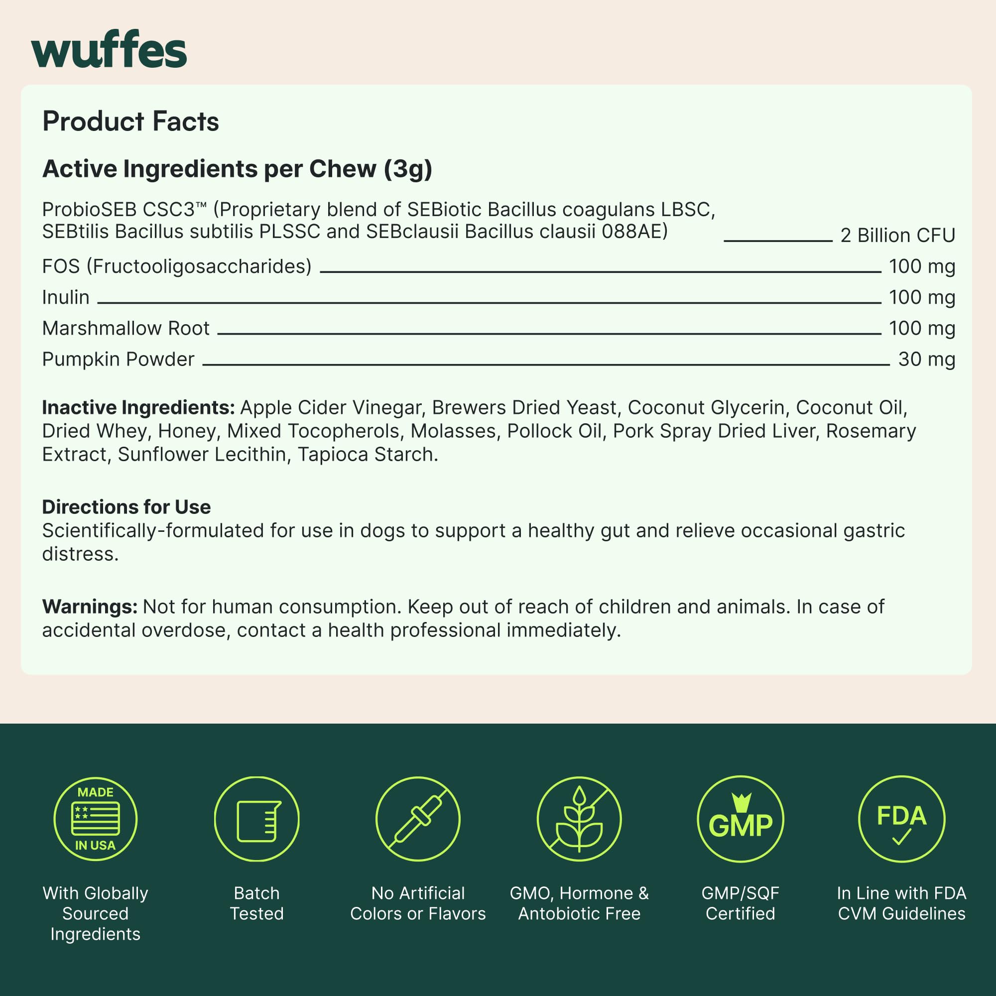 Close-up of Wuffes nutritional label showing ingredient transparency
