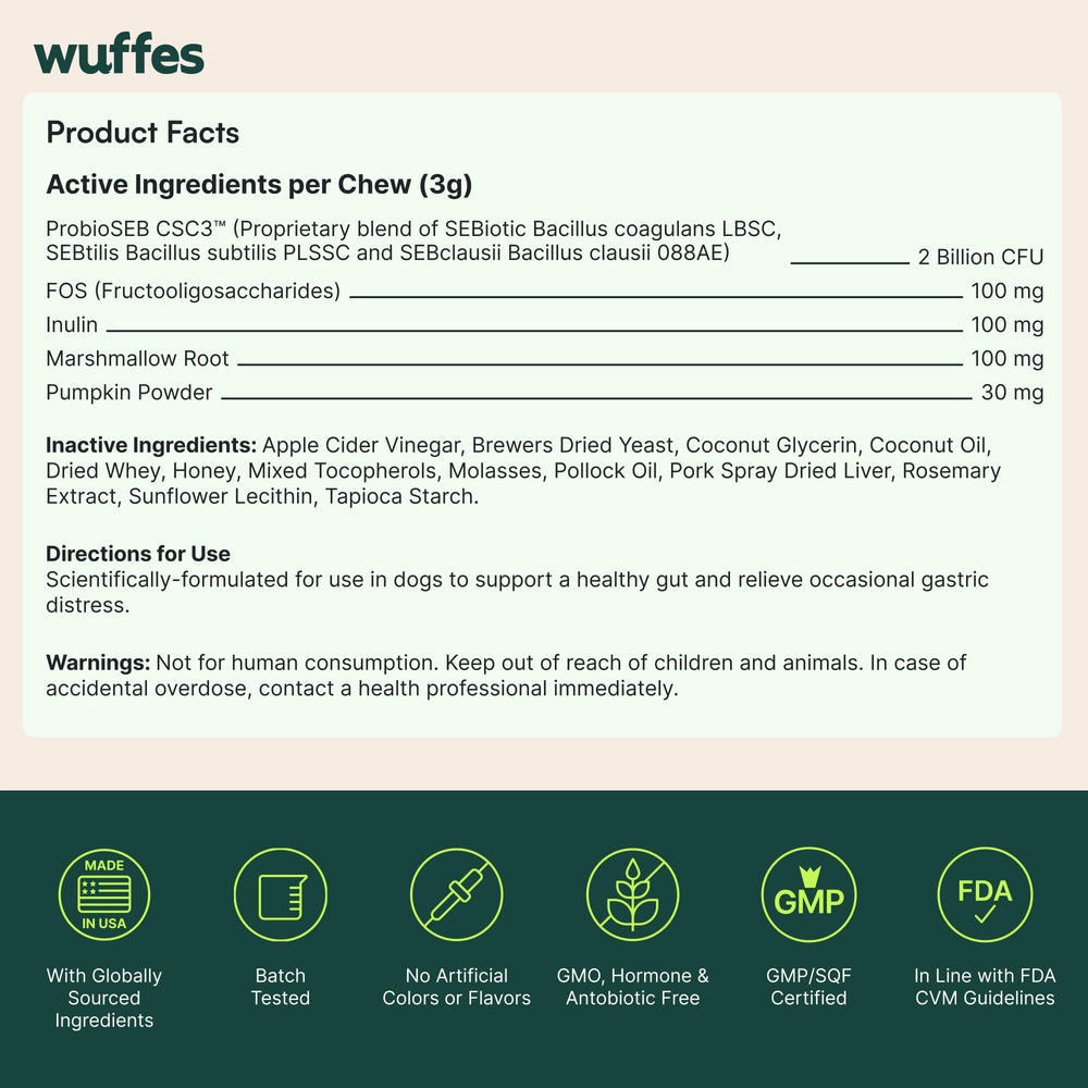 Close-up of Wuffes nutritional label showing ingredient transparency