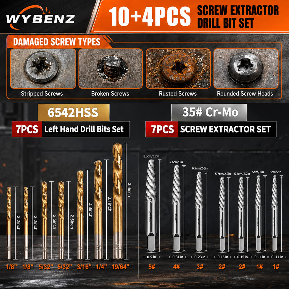 WYBENZ close-up of left-hand cobalt HSS drill bits, durable wear-resistant cutting benefit